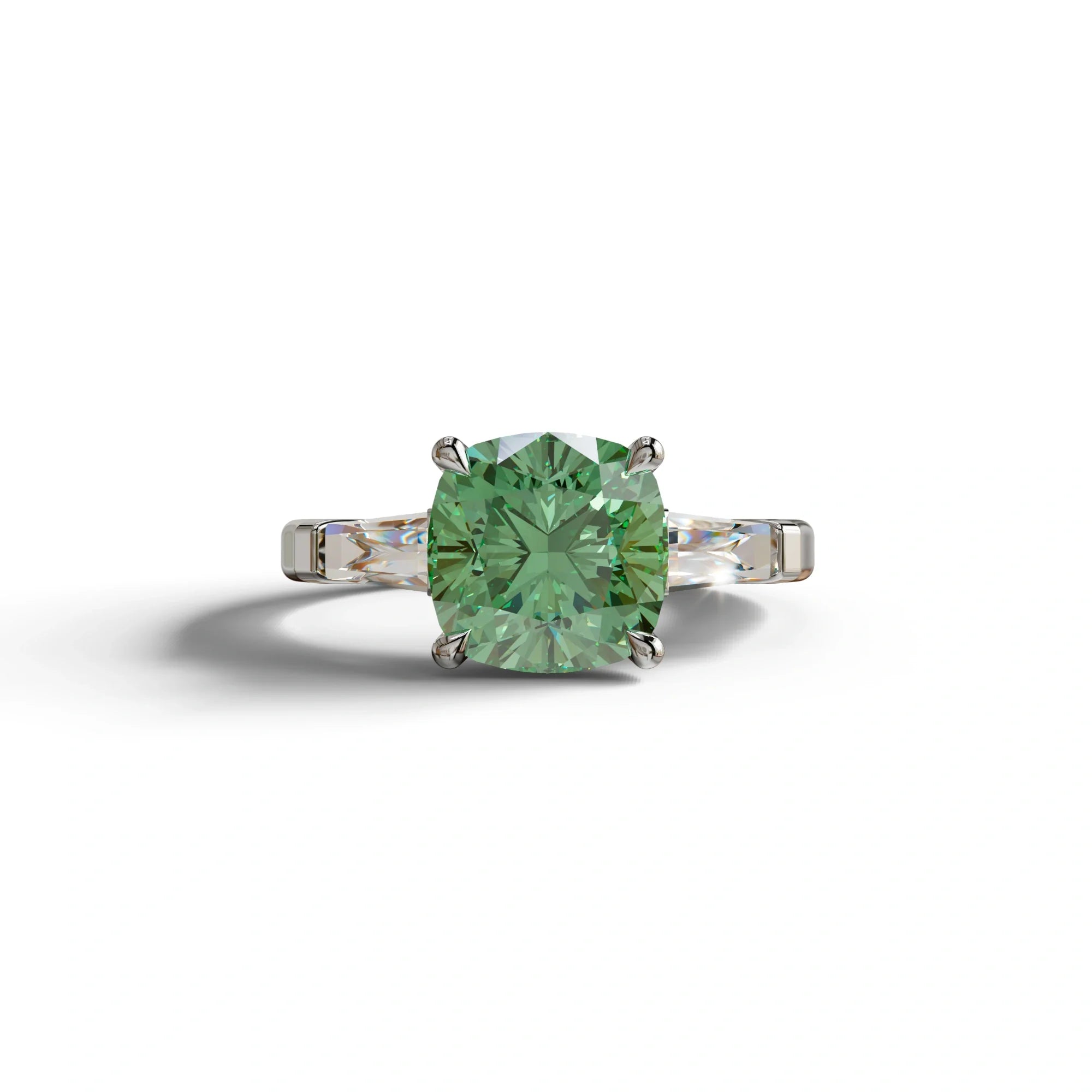 3 Carat Green Cushion & Tapered Baguette Three Stone Engagement Ring - 10K Solid Gold / White Gold