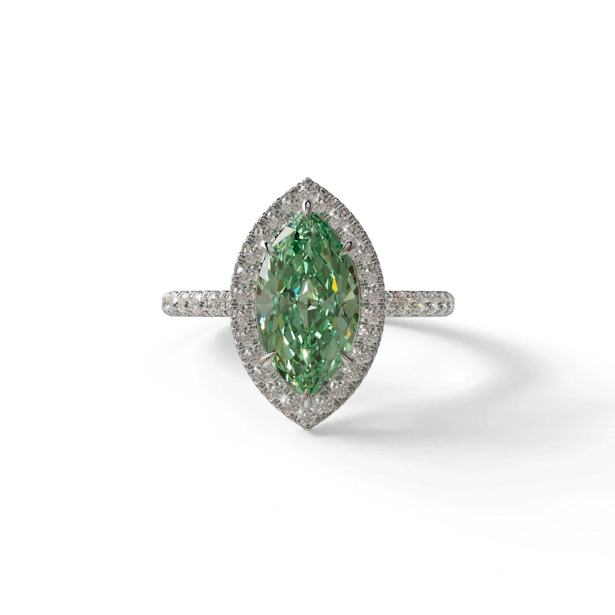 Green Marquise Cut Halo & Pave Lab Grown Diamond Engagement Ring - Simplicity - 2 Carat / 10K Solid Gold / White Gold