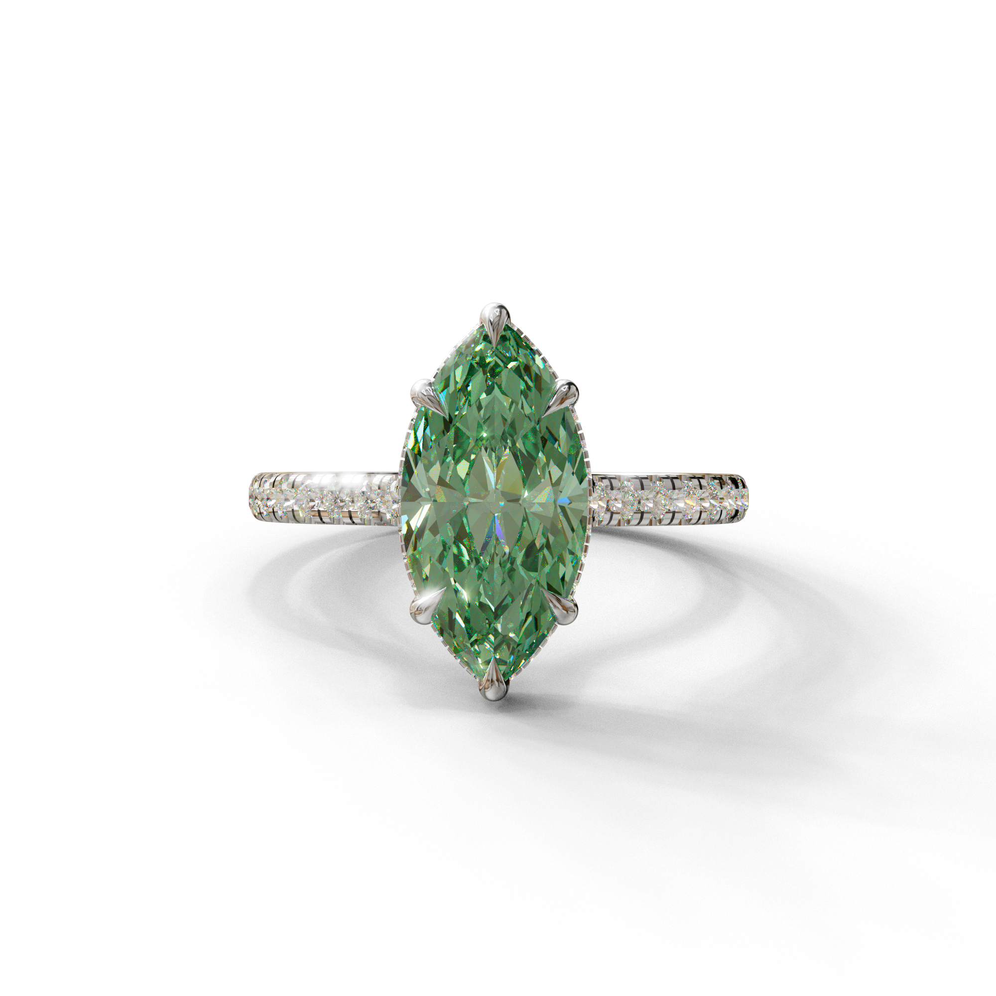 3 Carat Green Marquise Cut Hidden Halo & Pave Set Lab Diamond Ring - Eblouissant - 10K Solid Gold / White Gold