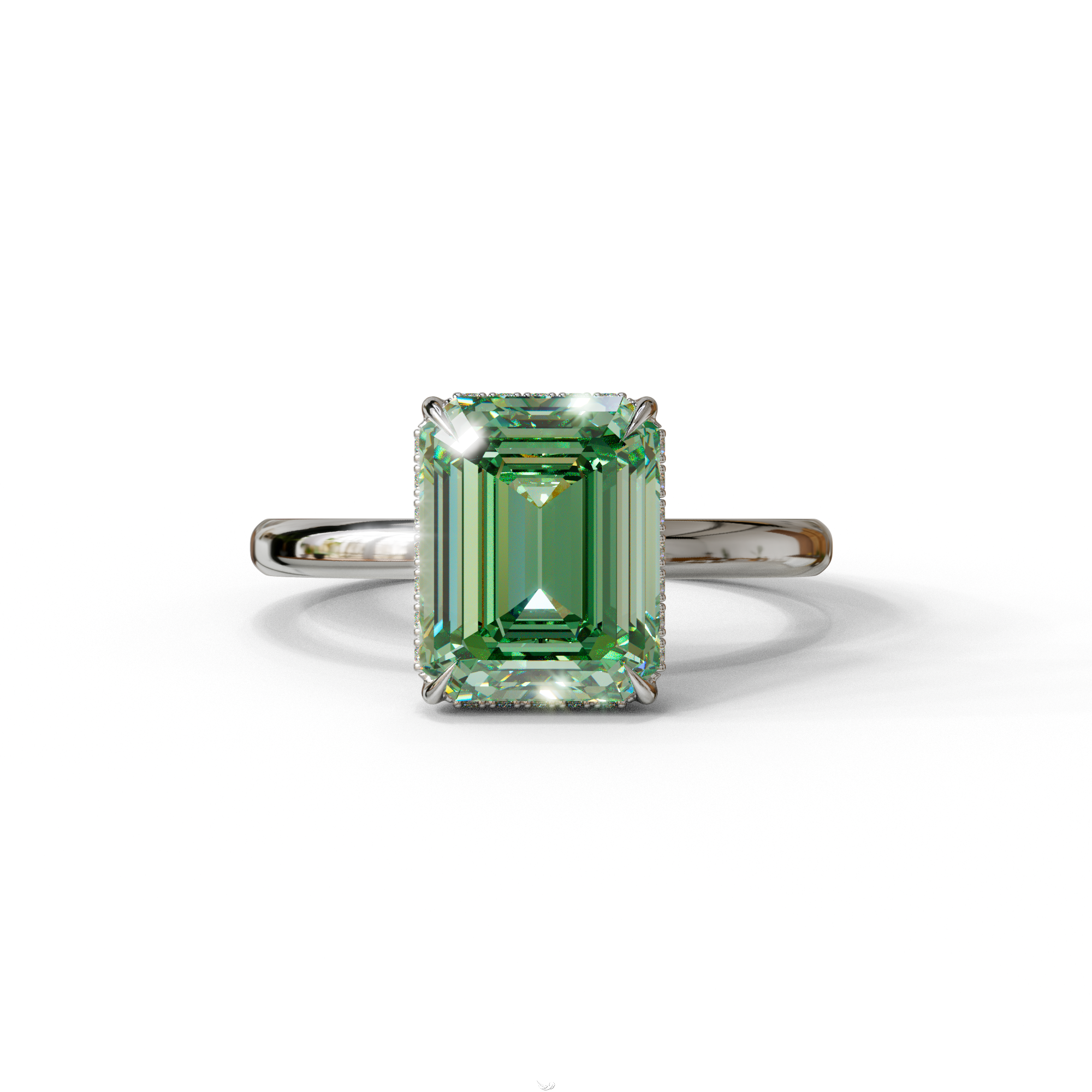 3 Carat Green Emerald Cut Hidden Halo & Claw Setting Lab Grown Diamond Ring - 10K Solid Gold / White Gold