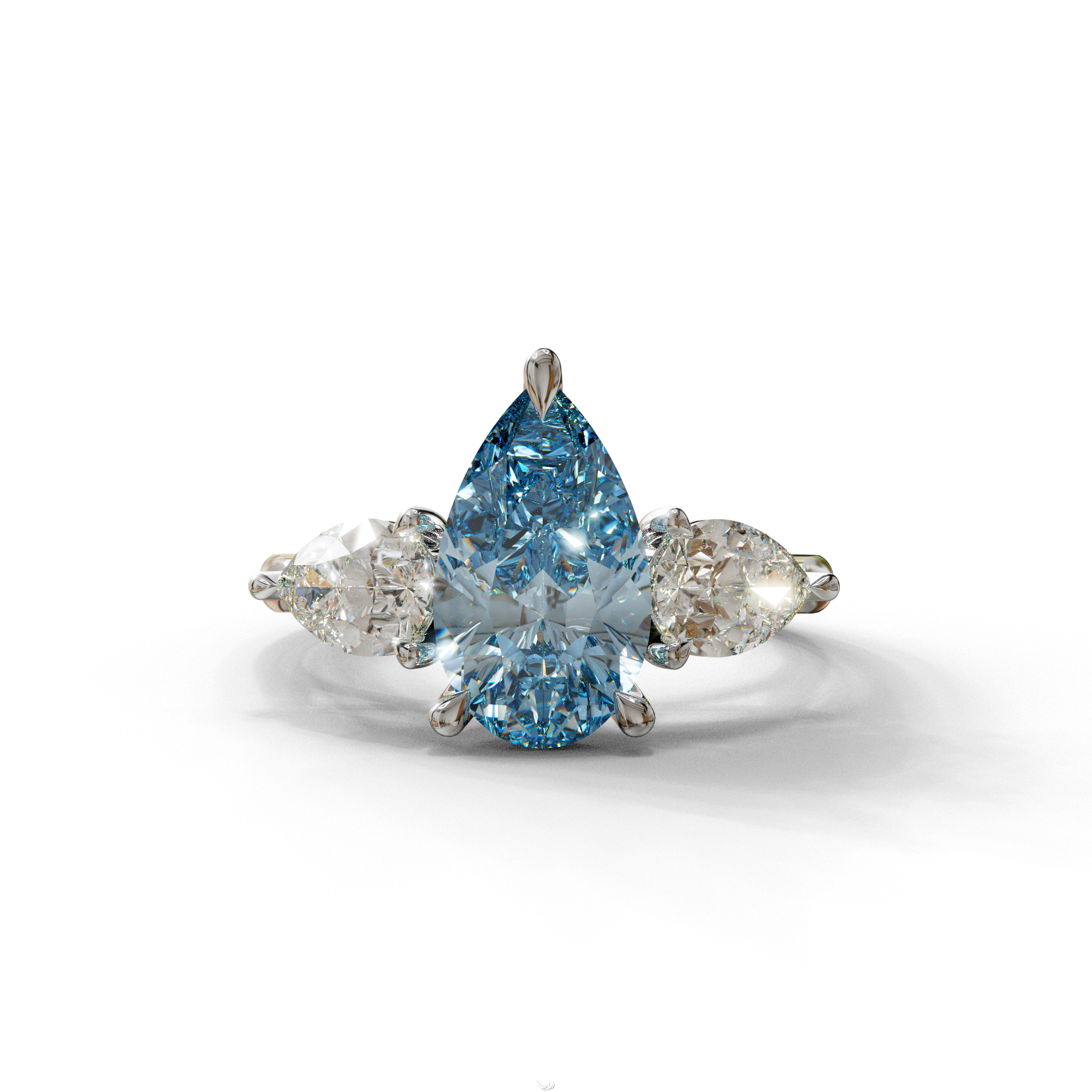 3 Carat Blue Pear Cut Lab Diamond In 3 Stones Claw Prongs Setting Ring - 10K Solid Gold / White Gold