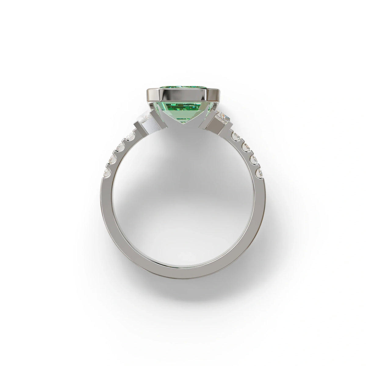 3 Carat Green Color Emerald Cut Three Stone Lab Diamond Engagement Ring | Bezel Set Ring - Gatsby