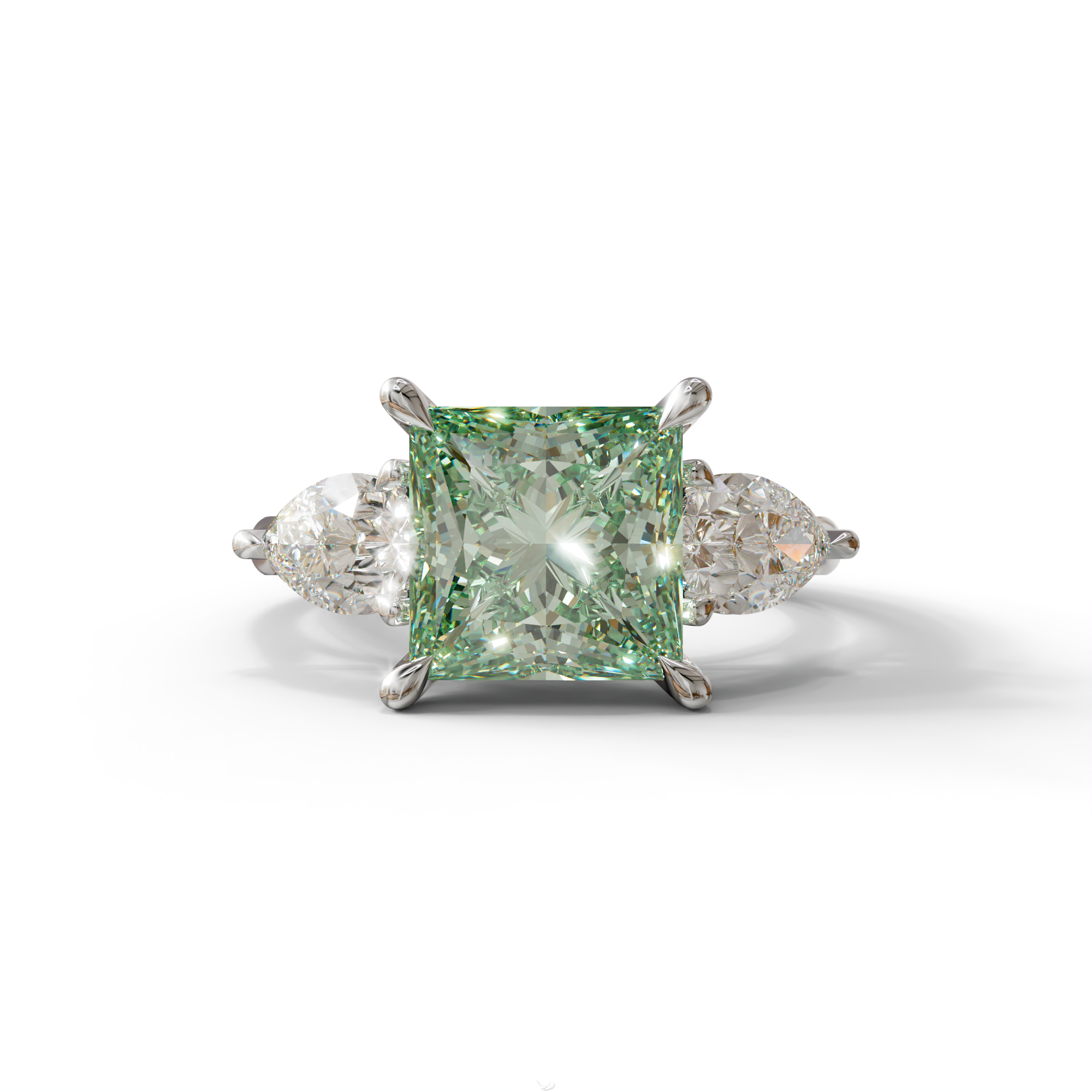 3 Carat Green Princess Cut Lab Diamond In 3 Stones Claw Prongs Setting Ring - 10K Solid Gold / White Gold
