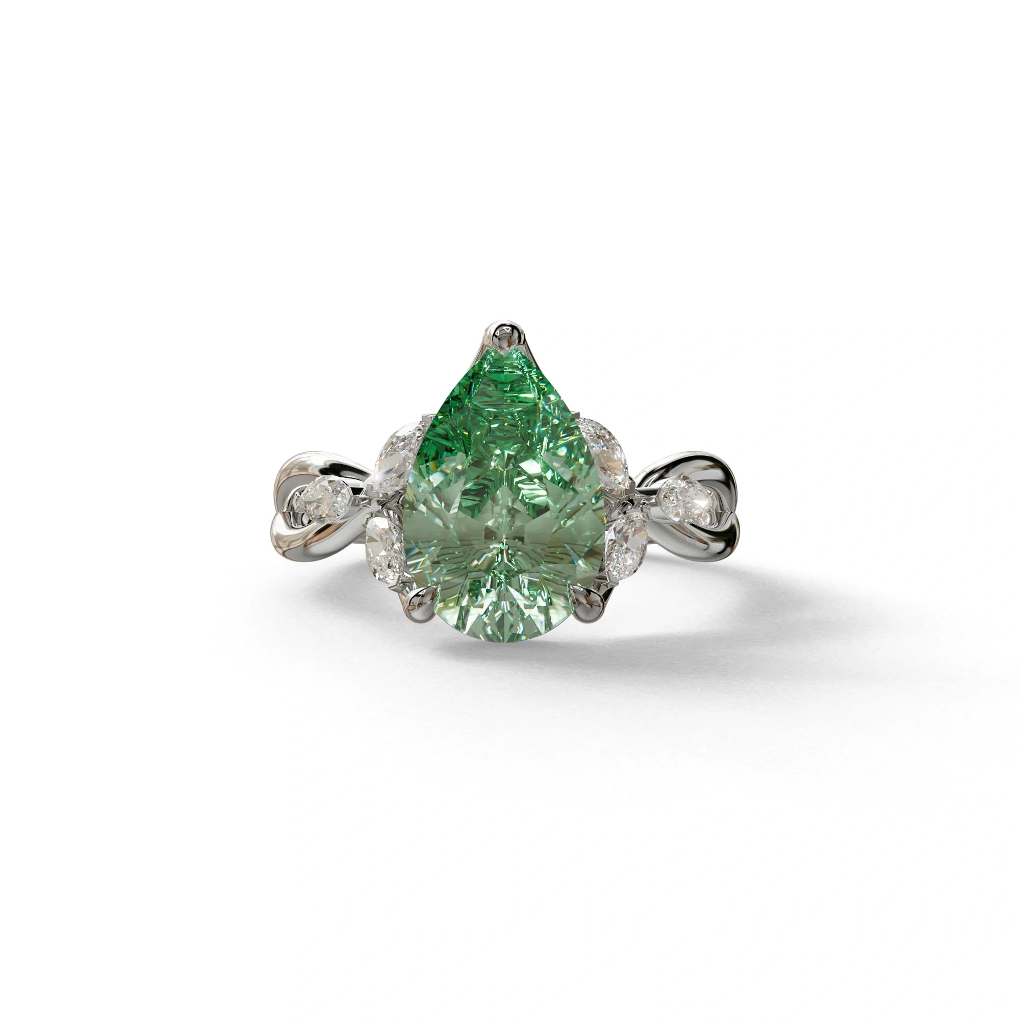3 Carat Green Pear Cut Cluster-Vintage Setting Lab Grown Diamond Ring - Celena - 10K Solid Gold / White Gold