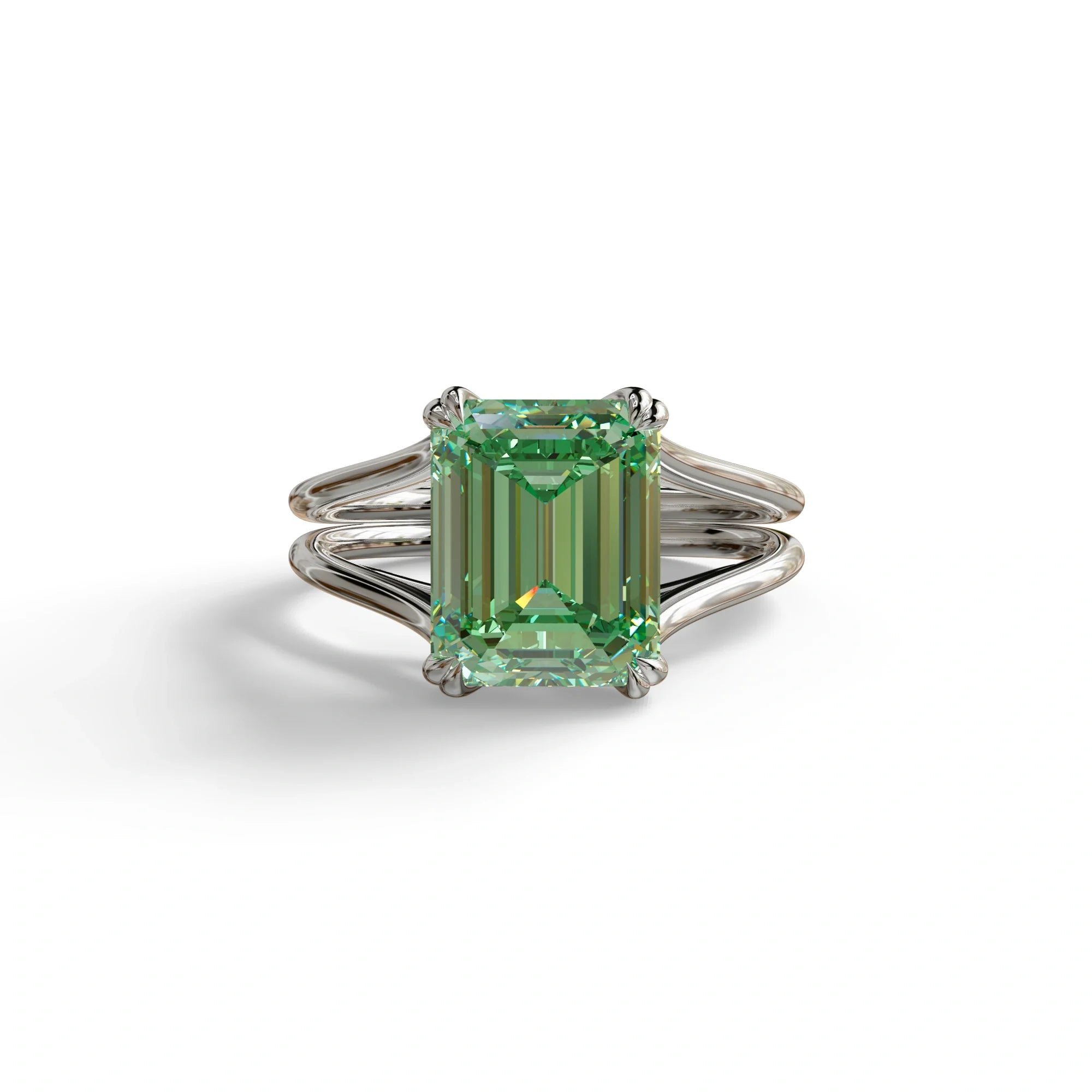 4 Carat Fancy Green Emerald Cut Lab Grown Diamond Engagement Ring - Tesira - 10K Solid Gold / White Gold