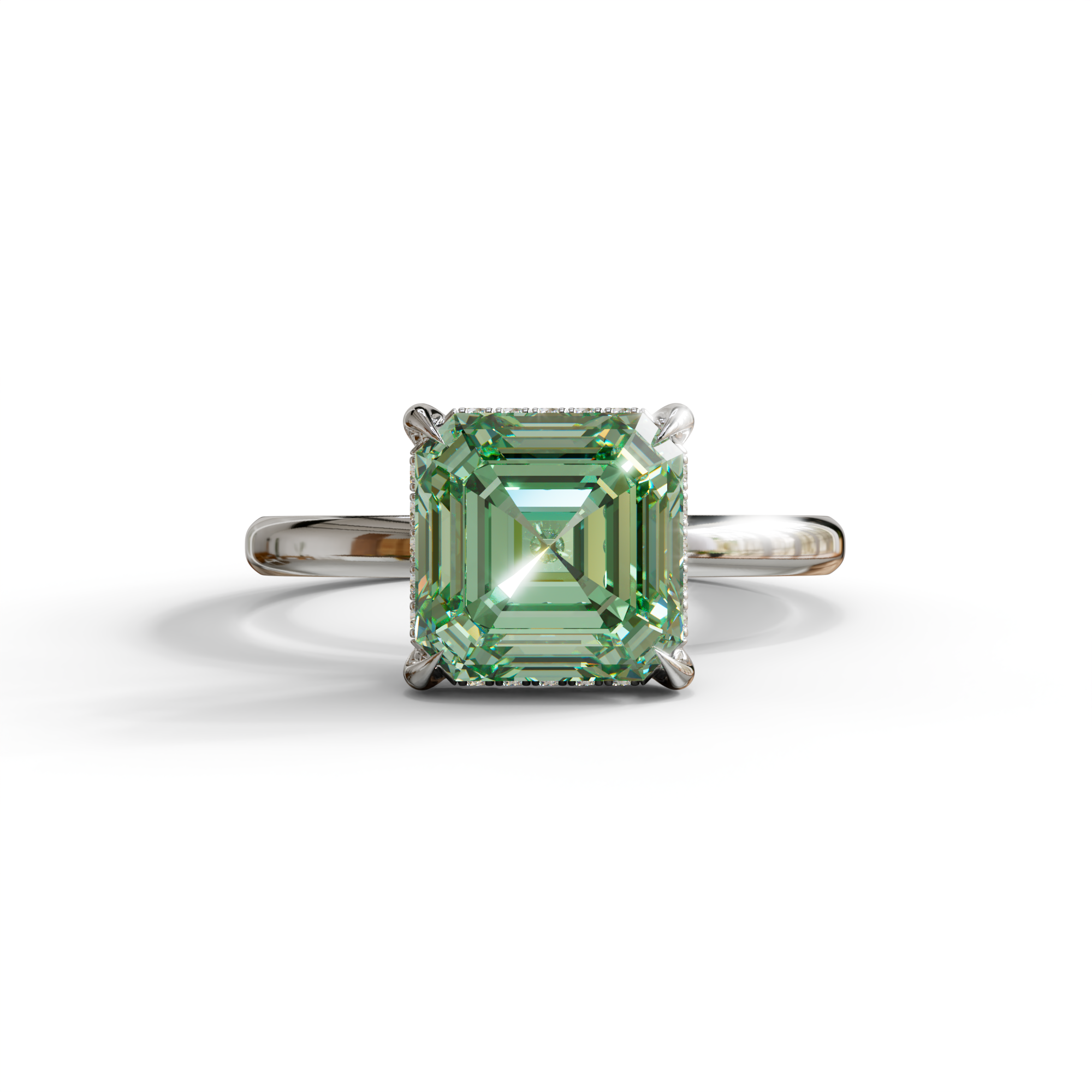 2.5 Carat Green Asscher Cut Hidden Halo Setting Lab Grown Diamond Ring - 10K Solid Gold / White Gold