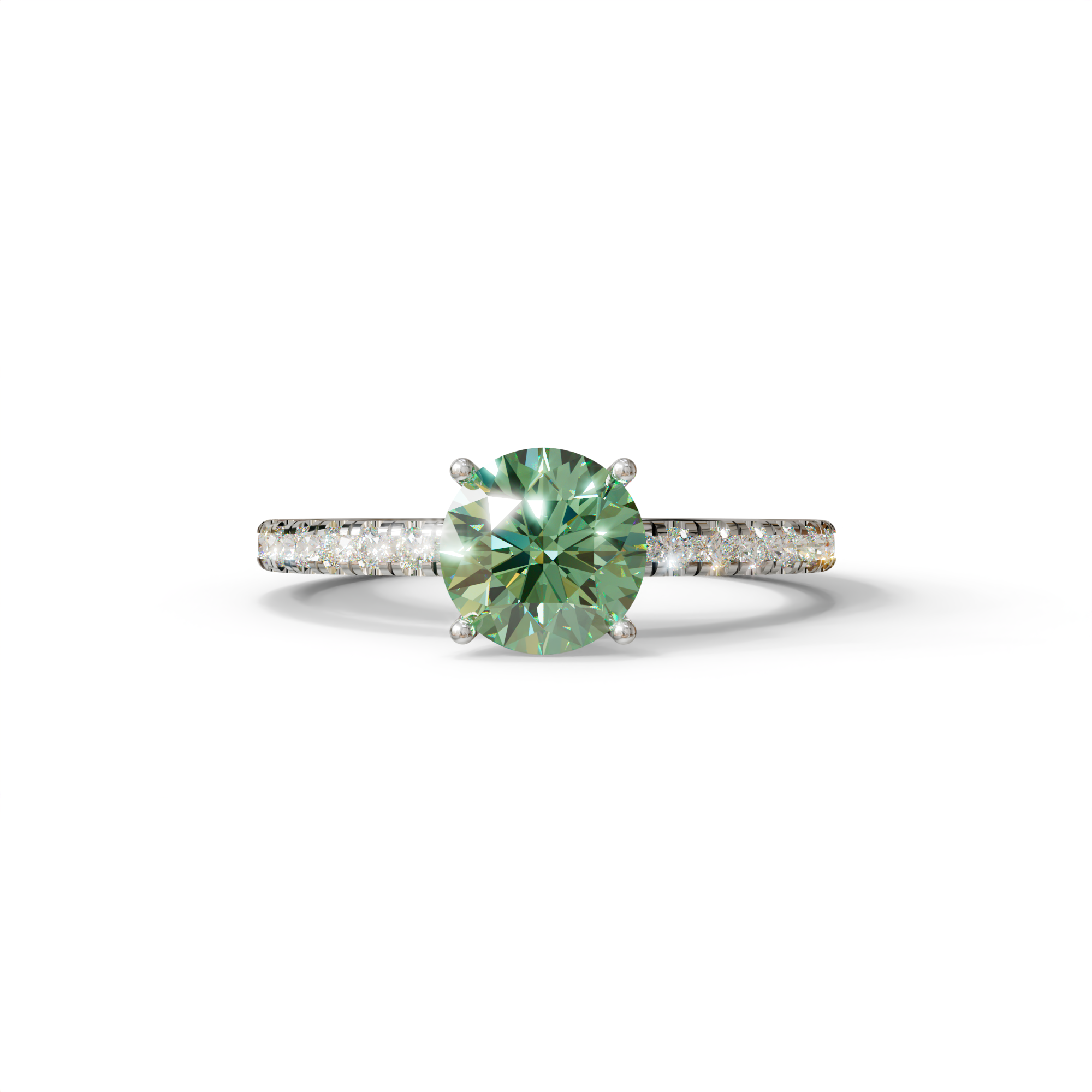 1.5 Carat Green Round Lab Diamond Ring - Classic Pave Set Ring - 10K Solid Gold / White Gold