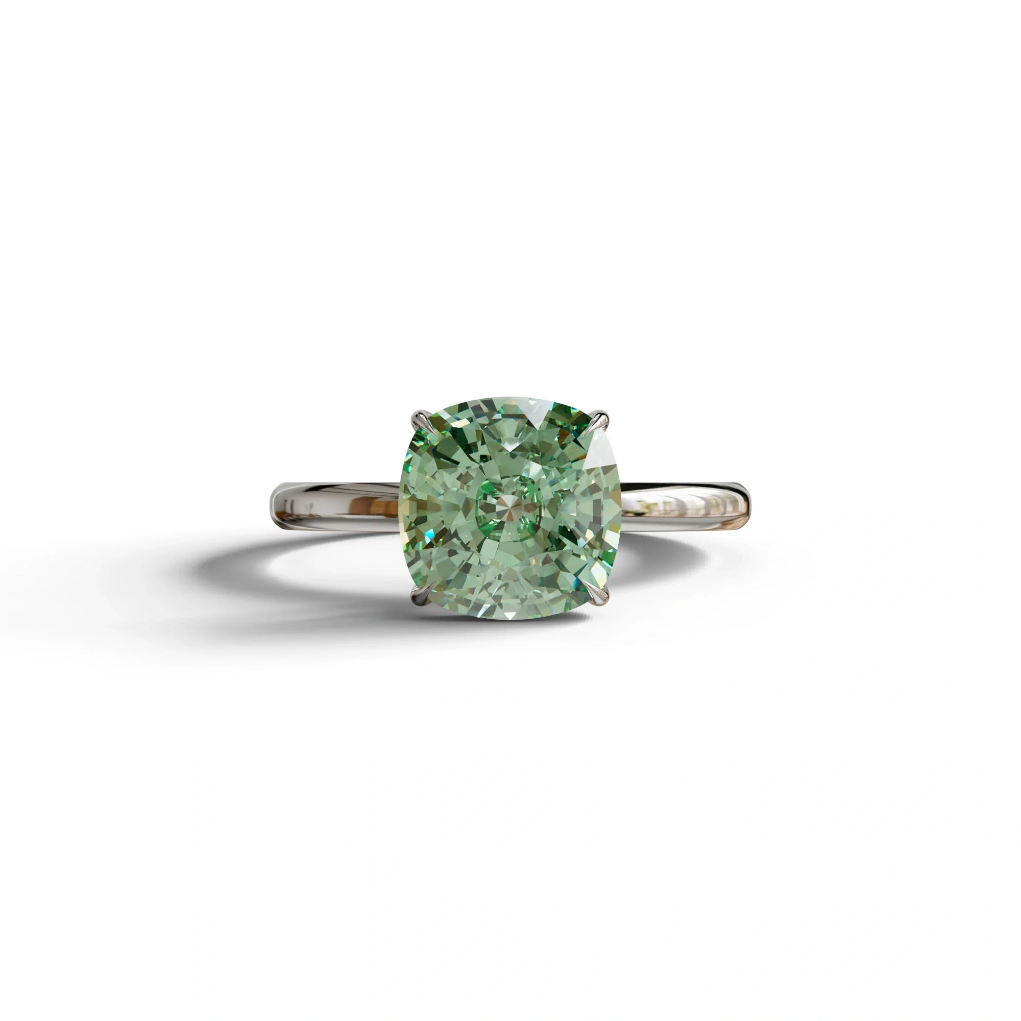 Green Cushion Cut Solitaire Lab Grown Diamond Engagement Ring - Mesmera - 2 Carat / 10K Solid Gold / White Gold