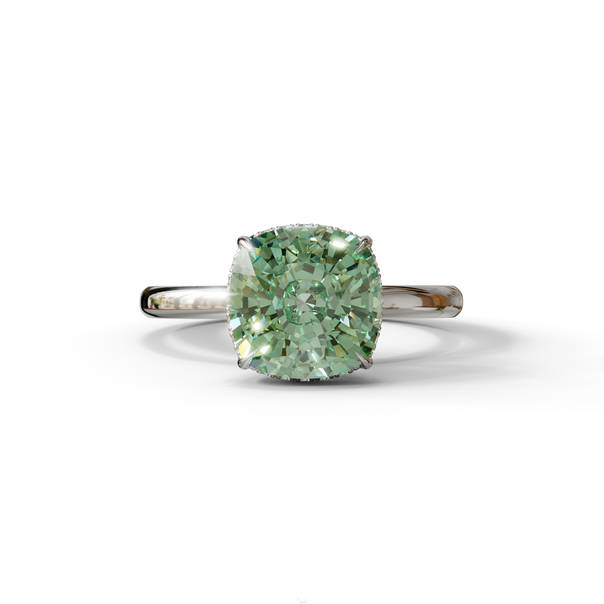 3 Carat Green Cushion Lab Diamond Hidden Halo Ring - 10K Solid Gold / White Gold