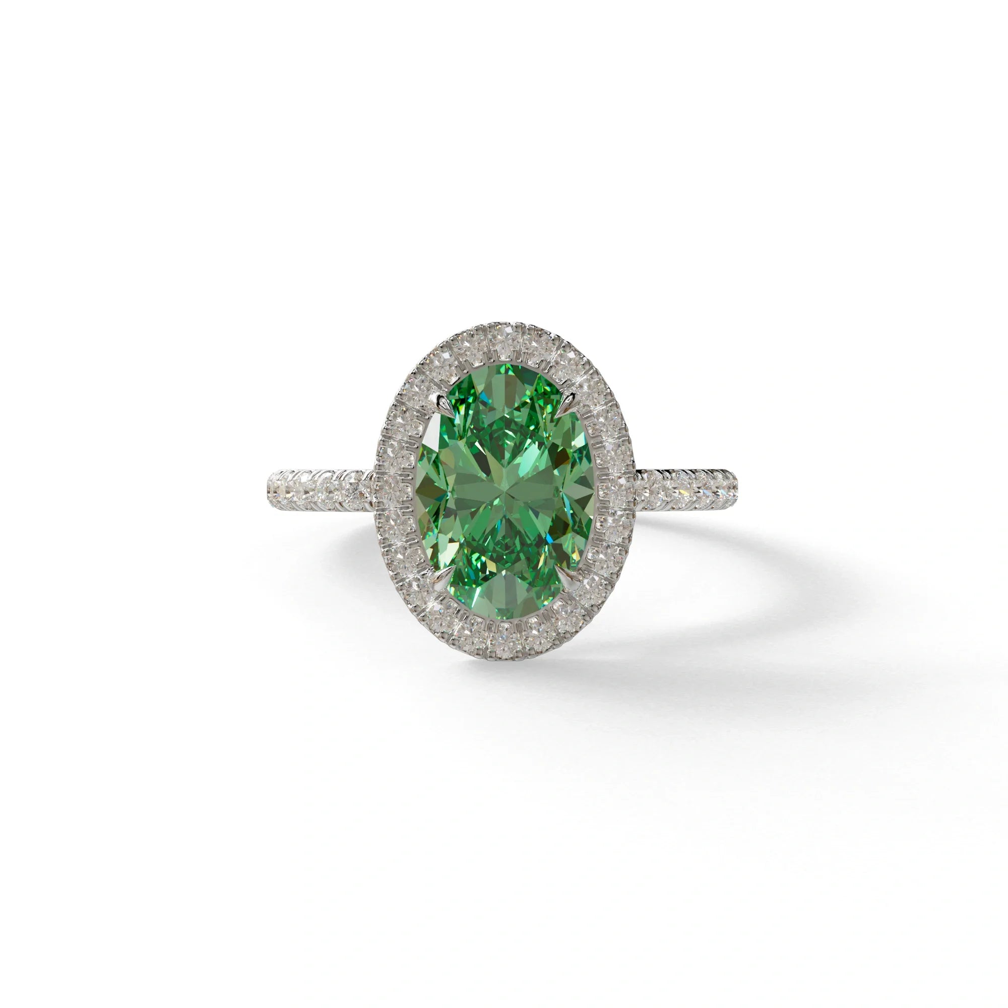 Green Oval Cut Halo & Pave Lab Grown Diamond Engagement Ring - AnnaBella - 2 Carat / 10K Solid Gold / White Gold