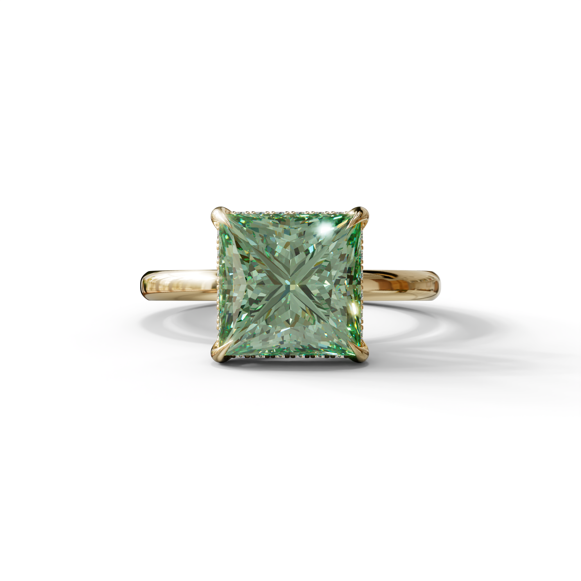 3 Carat Princess Cut Green Lab Diamond Hidden Halo Engagement Ring - 10K Solid Gold / Yellow Gold