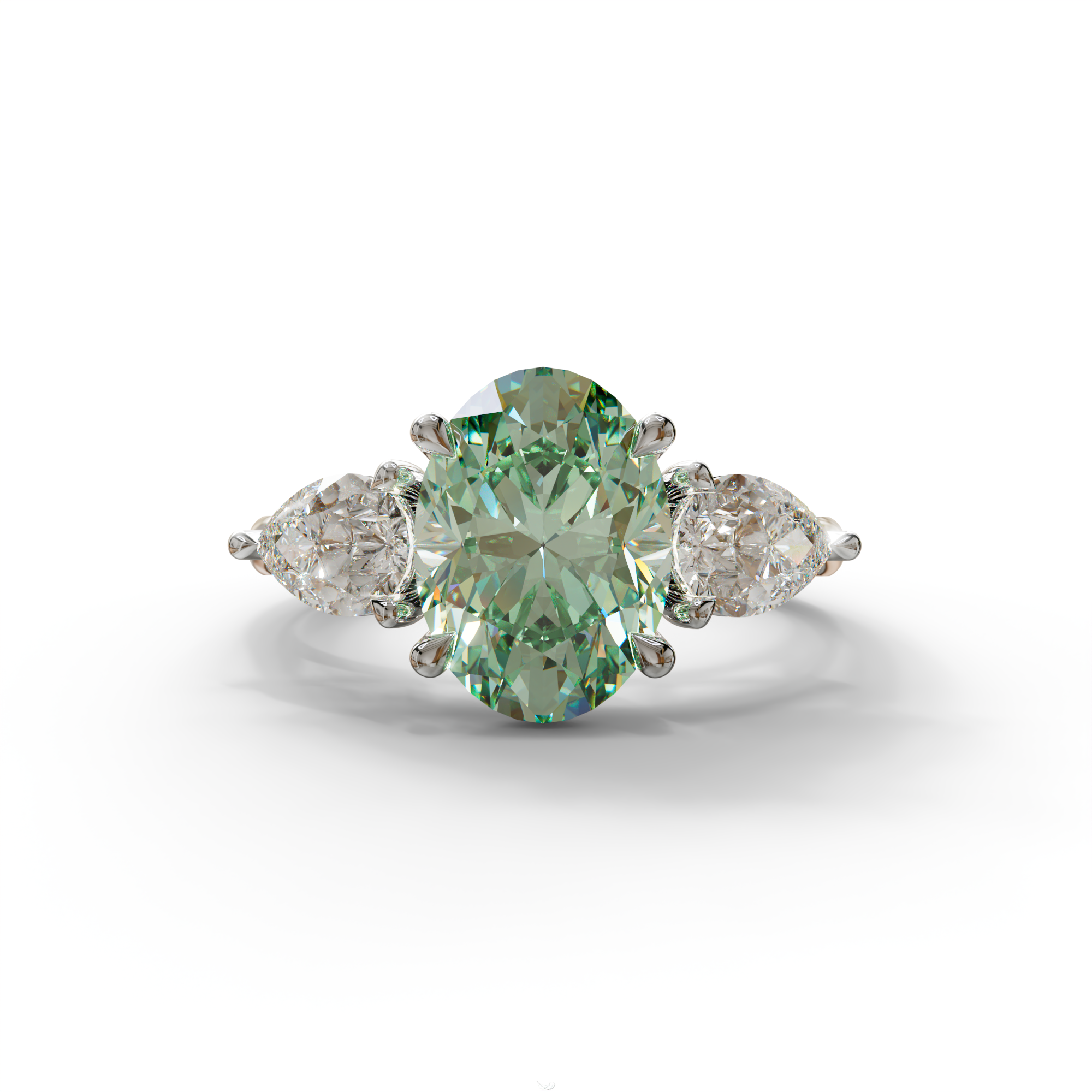 3 Carat Green Oval Lab Grown Diamond Engagement Ring – Three Stone Pear Cut Setting - 10K Solid Gold / White Gold