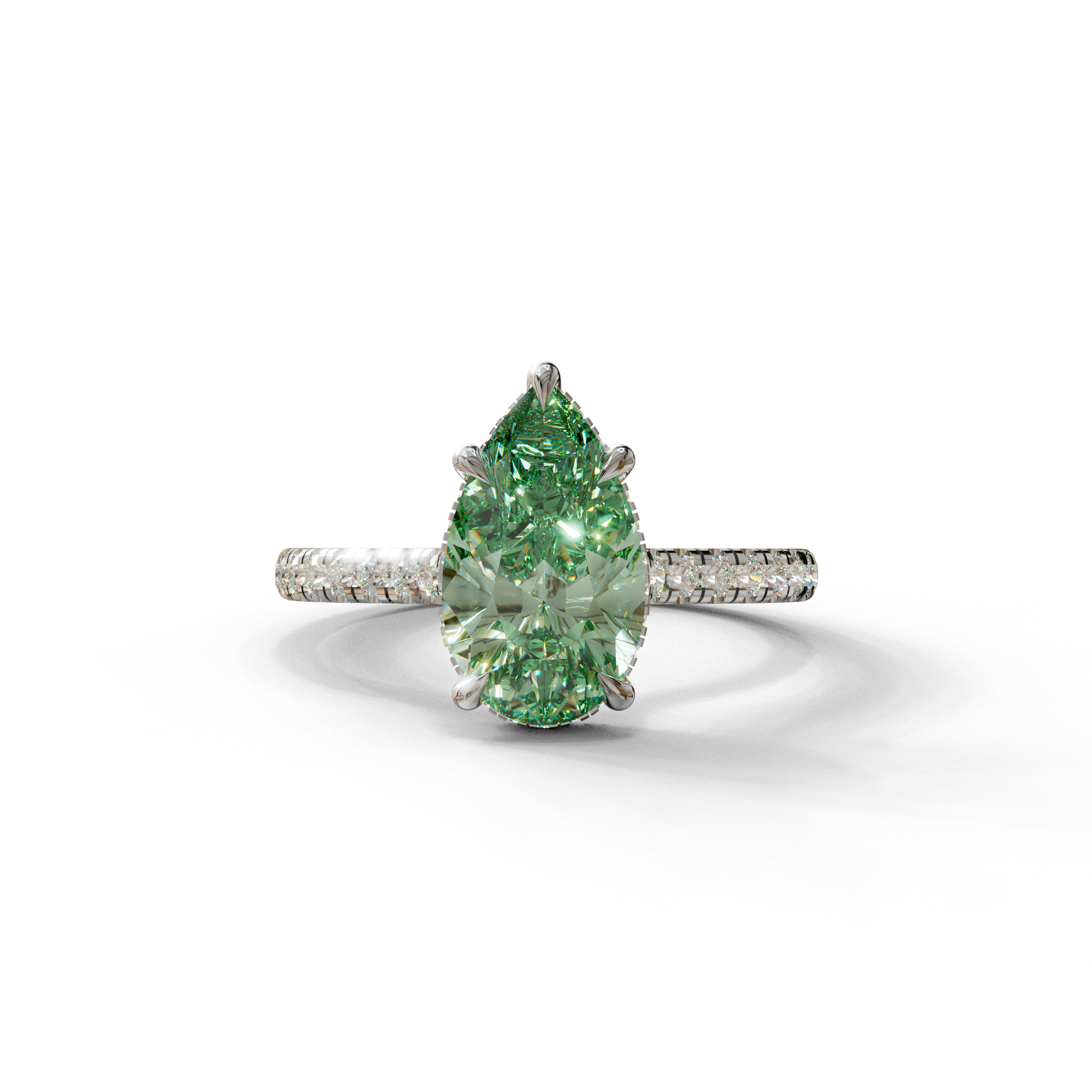 3 Carat Green Pear Cut Hidden Halo & Pave Set Lab Diamond Ring - Eblouissant - 10K Solid Gold / White Gold