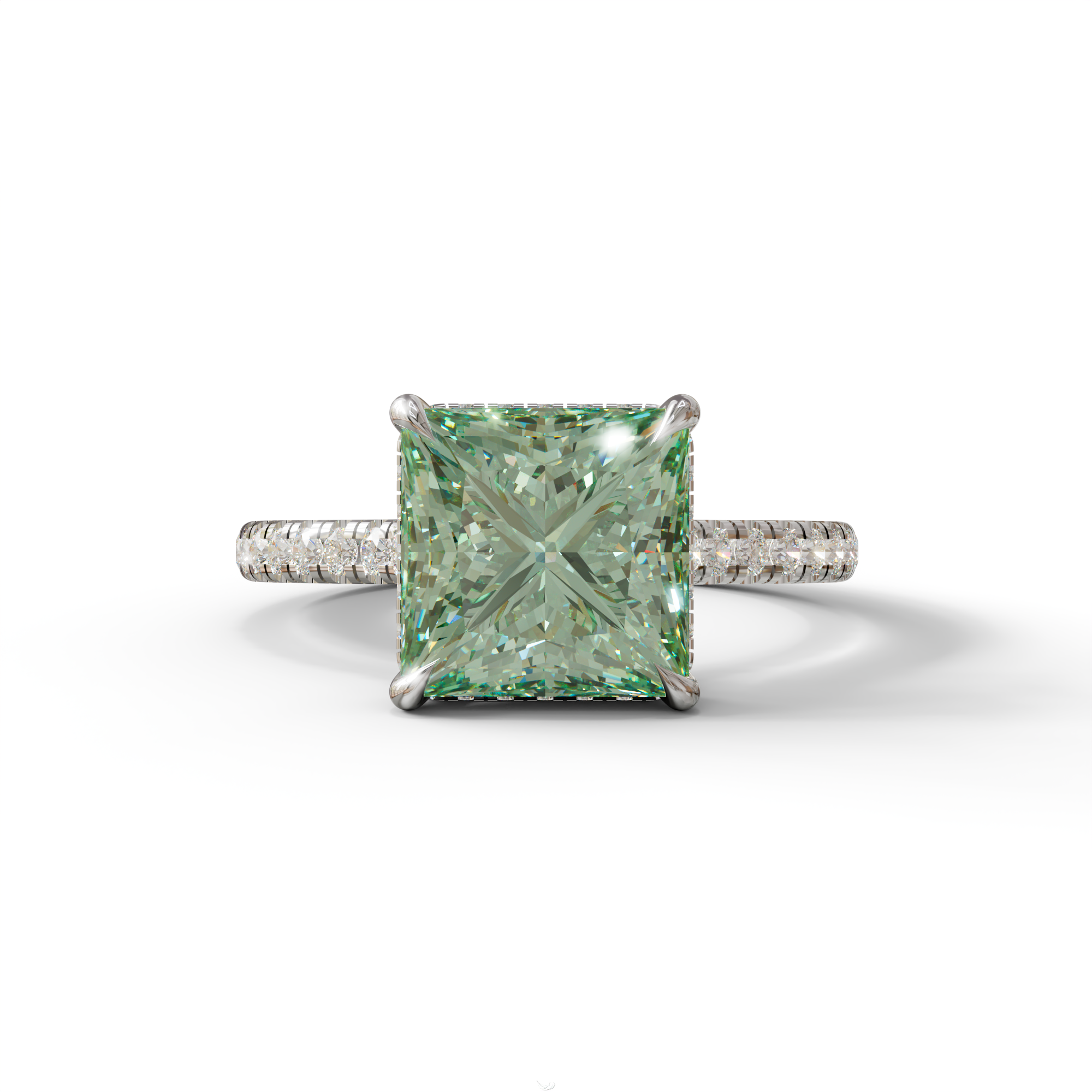 3 Carat Fancy Green Princess Cut Hidden Halo Lab Grown Diamond Engagement Ring - 10K Solid Gold / White Gold