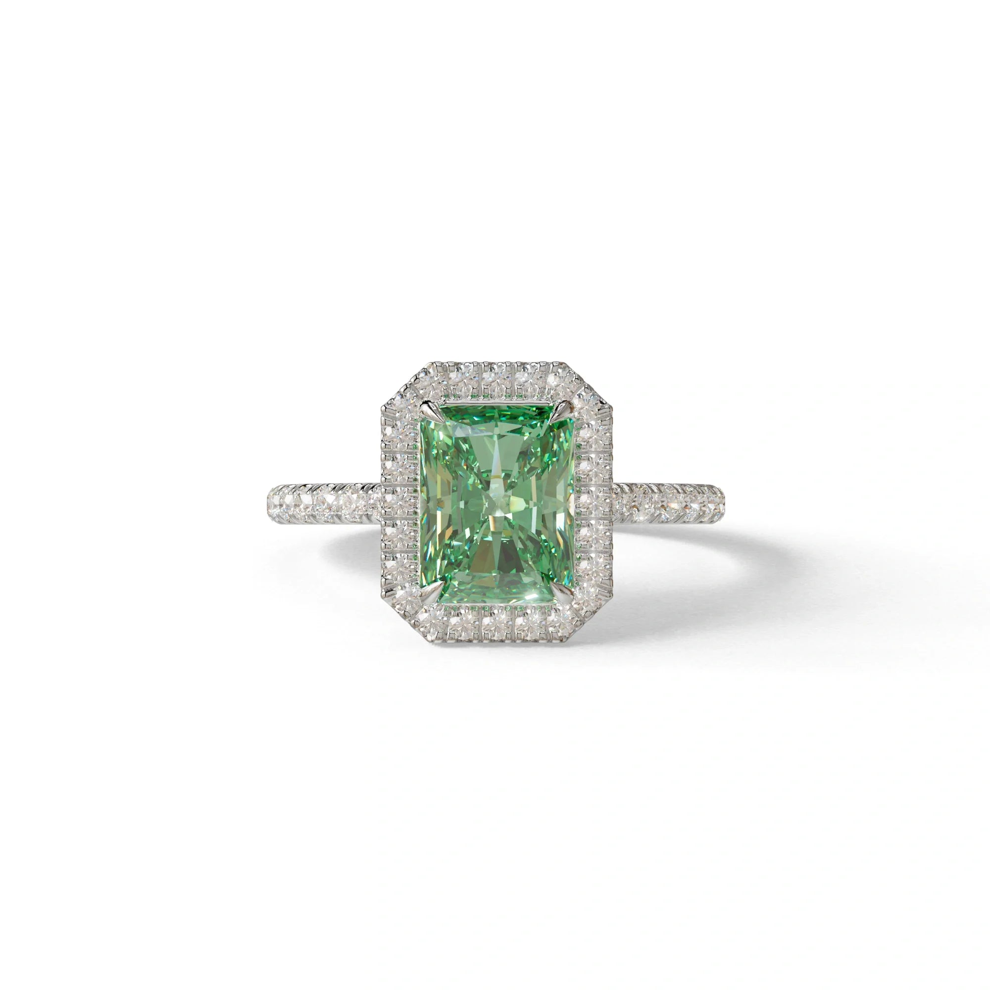 Green Radiant Cut Halo & Pave Lab Grown Diamond Engagement Ring - Madison - 2 Carat / 10K Solid Gold / White Gold