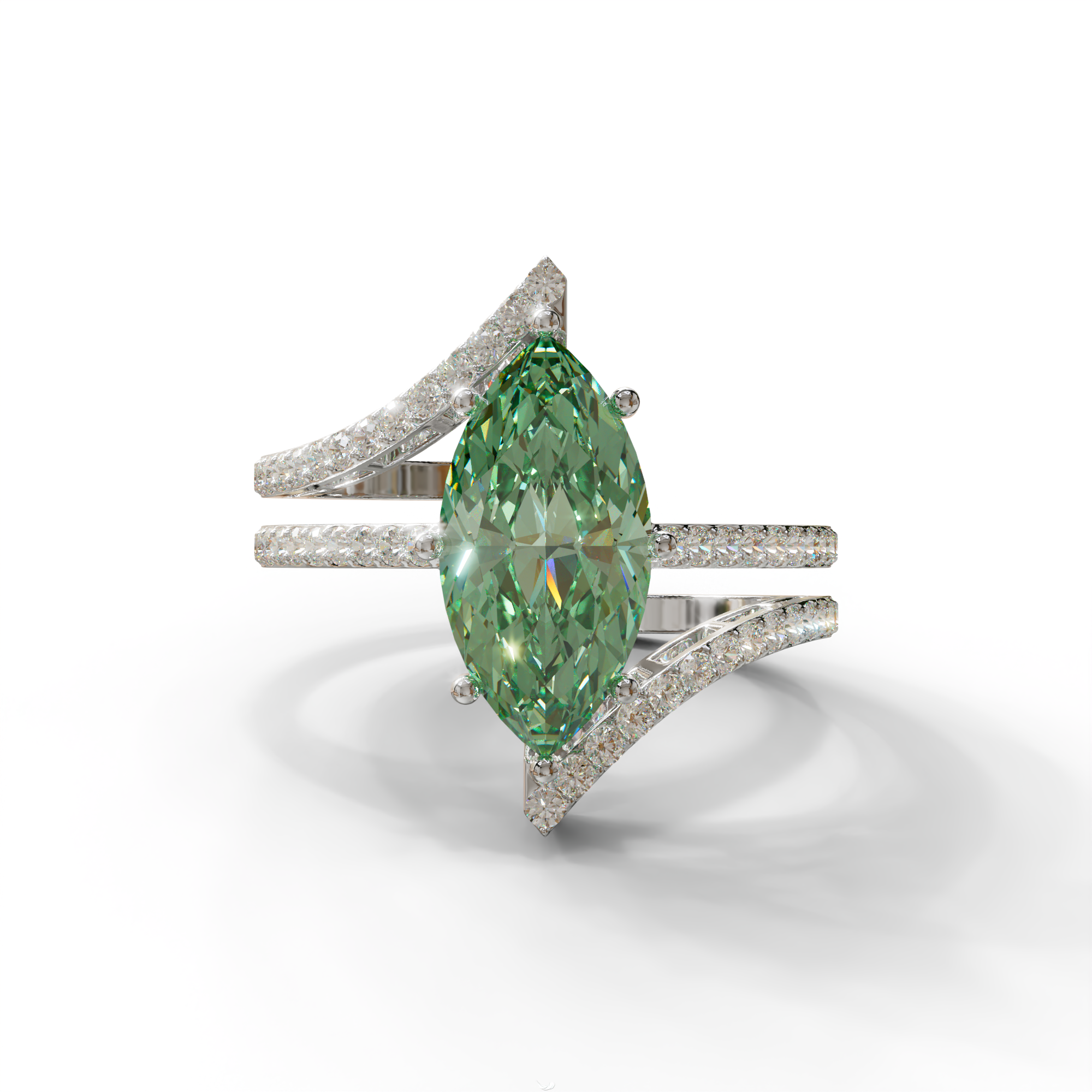2 Carat Marquise Cut Green Lab Diamond Ring with Double Pave Setting - 10K Solid Gold / White Gold