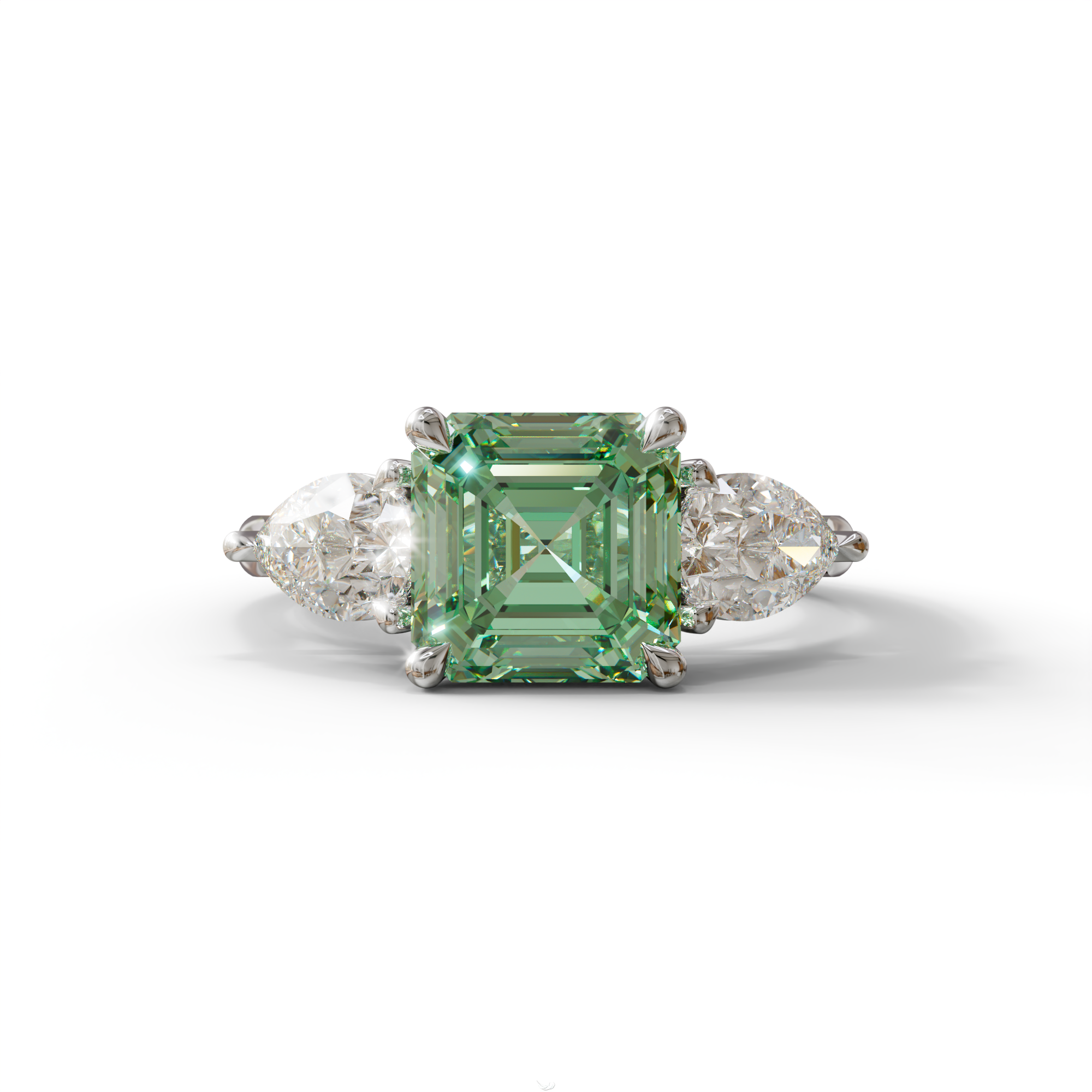 3 Carat Green Asscher Cut Lab Diamond In 3 Stones Claw Prongs Setting Ring - 10K Solid Gold / White Gold