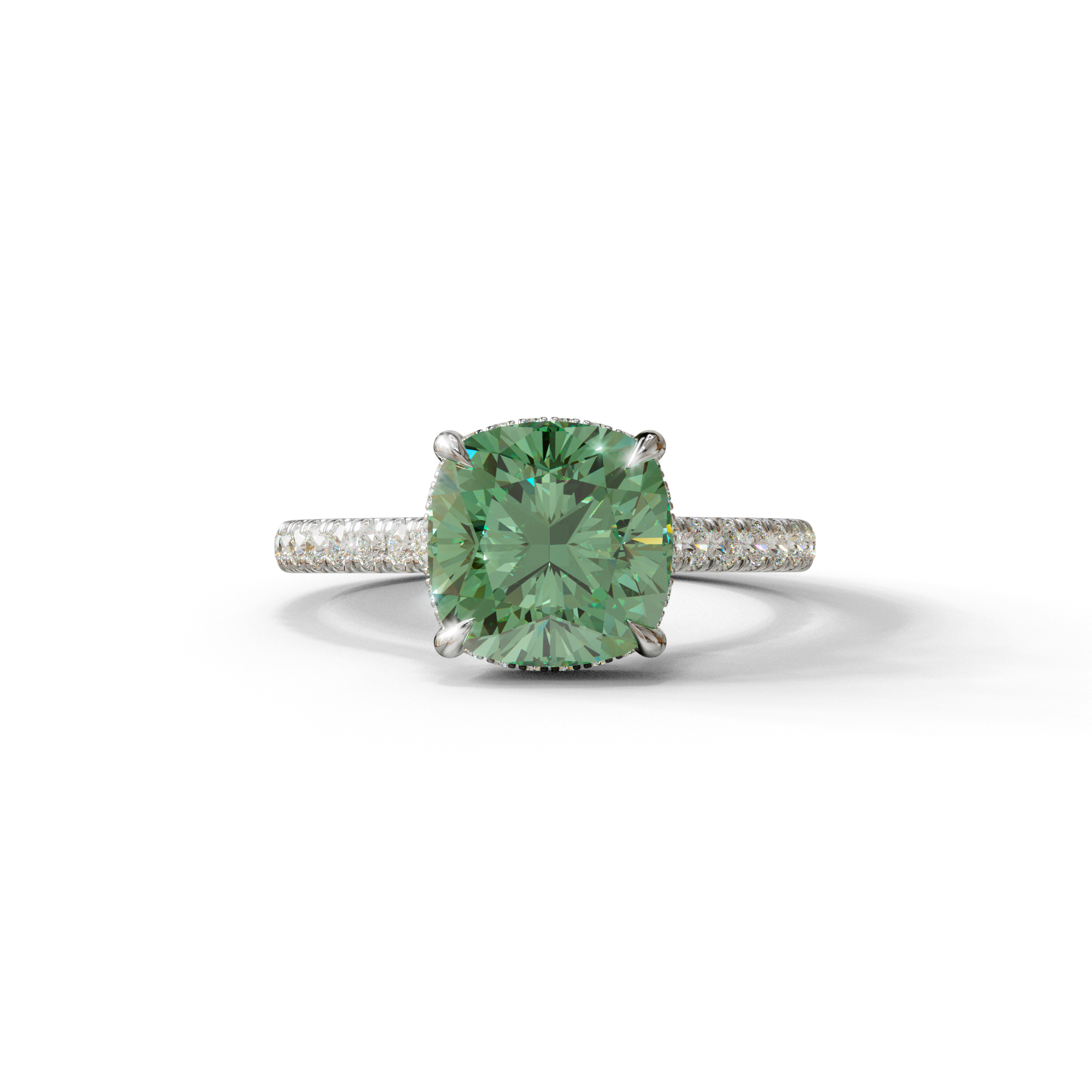 2.5 Carat Green Cushion Cut Hidden Halo & Pave Lab Diamond Ring - Éblouissant - 10K Solid Gold / White Gold