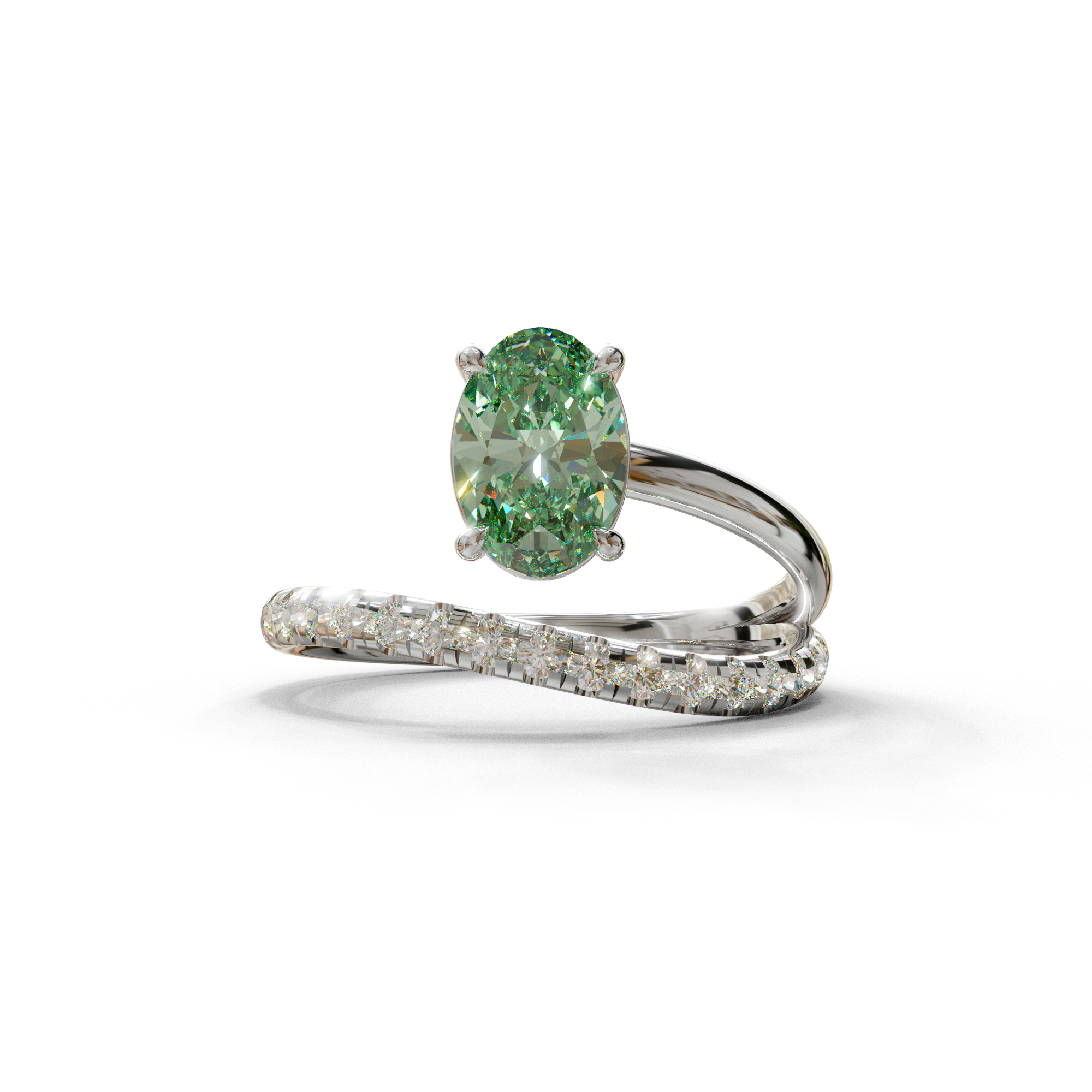1.5 Carat S-Curve Green Oval Diamond Pave-set Diamond Ring - Bypass - 10K Solid Gold / White Gold