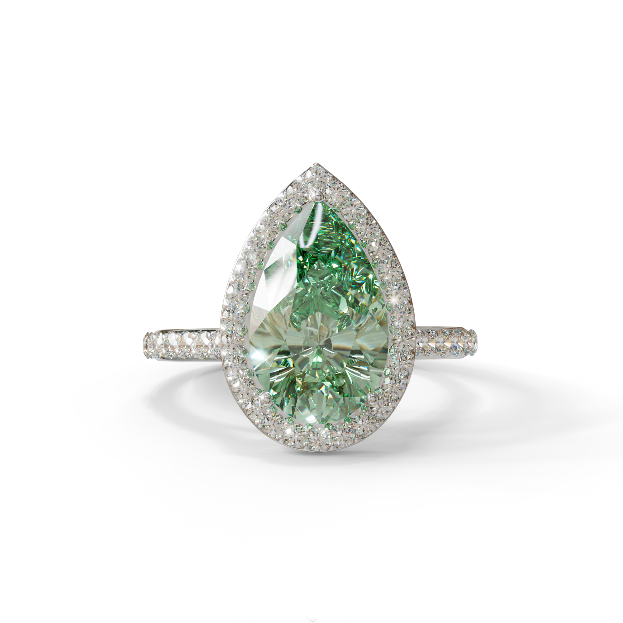 3 Carat Green Pear Cut Halo & Pave Setting Lab Grown Diamond Ring - Madona - 10K Solid Gold / White Gold