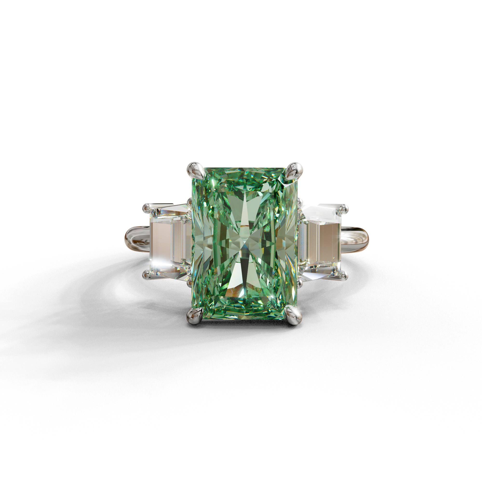 4 Carat Green Radiant & Trapezoid Three Stone Engagement Ring - Embrace - 10K Solid Gold / White Gold