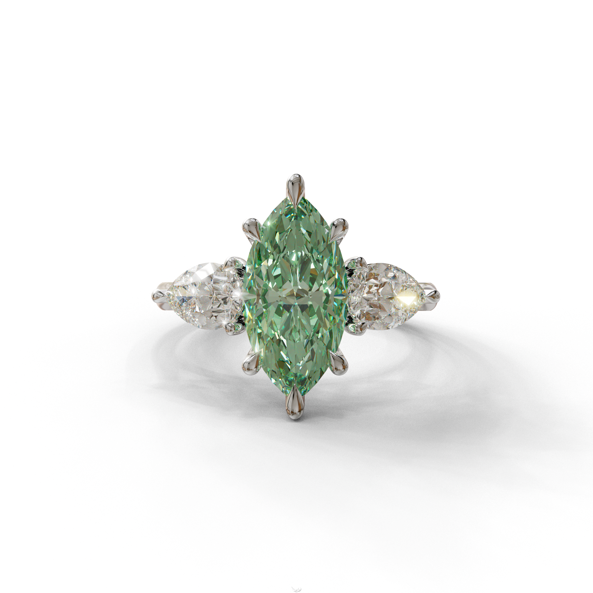 3 Carat Fancy Green Marquise & Pear Cut Three Stone Lab Grown Diamond Engagement Ring - 10K Solid Gold / White Gold