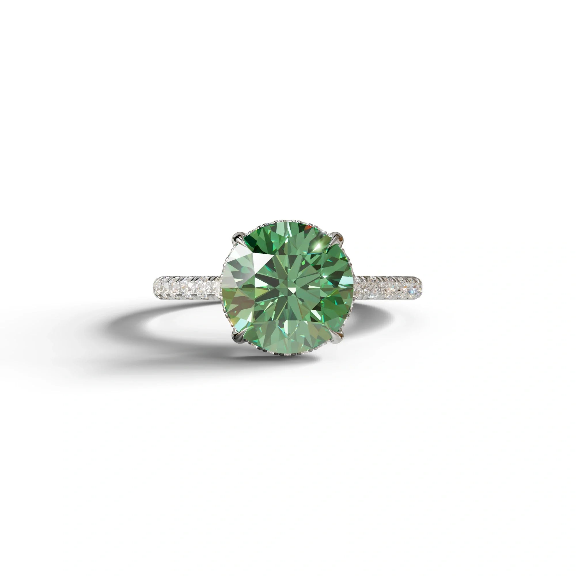 3.5 Carat Green Round Cut Lab Diamond Ring - Halo & Pave Setting Wedding Ring - 10K Solid Gold / White Gold