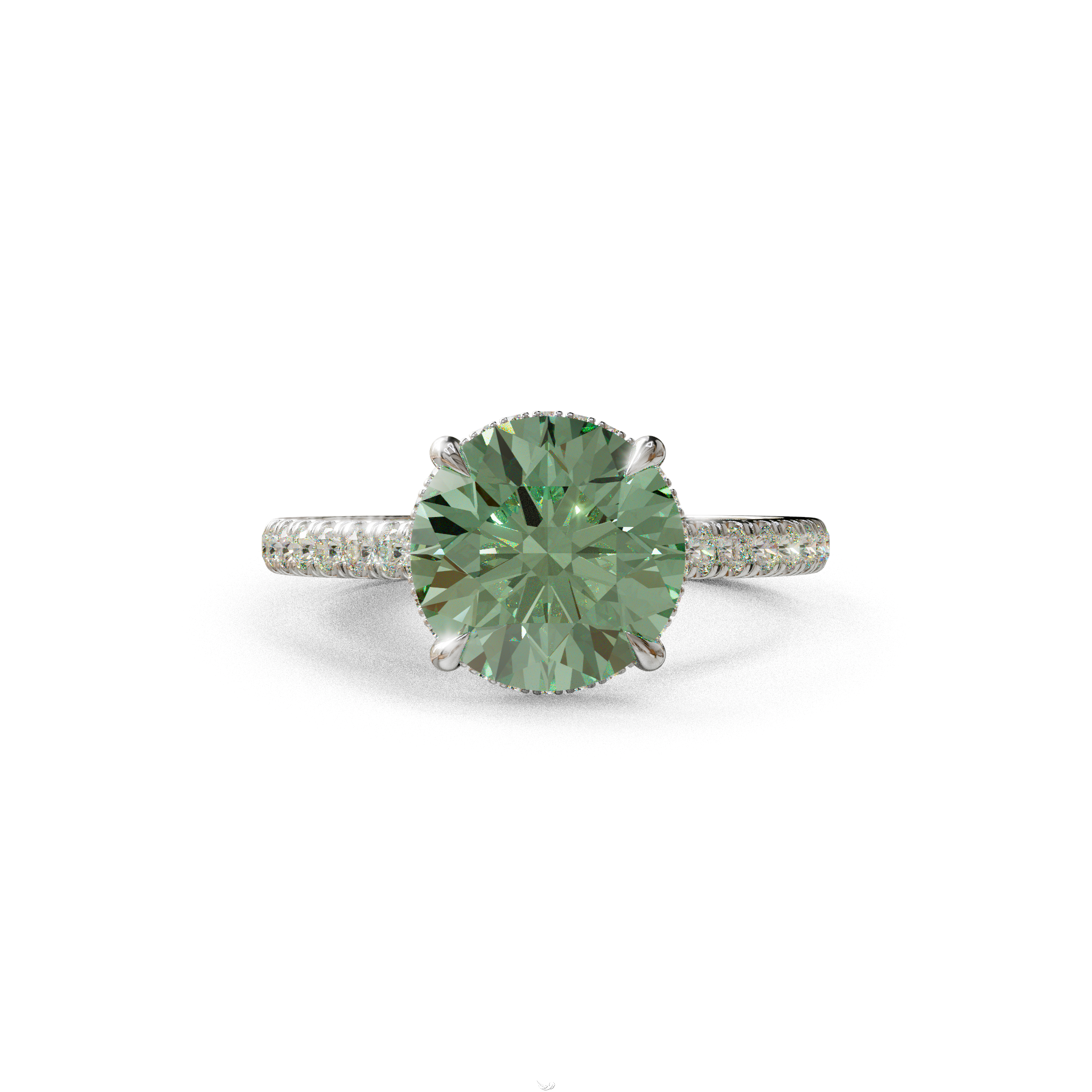 3 Carat Green Round Cut Hidden Halo & Pave Setting Lab Diamond Ring - Eblouissant - 10K Solid Gold / White Gold
