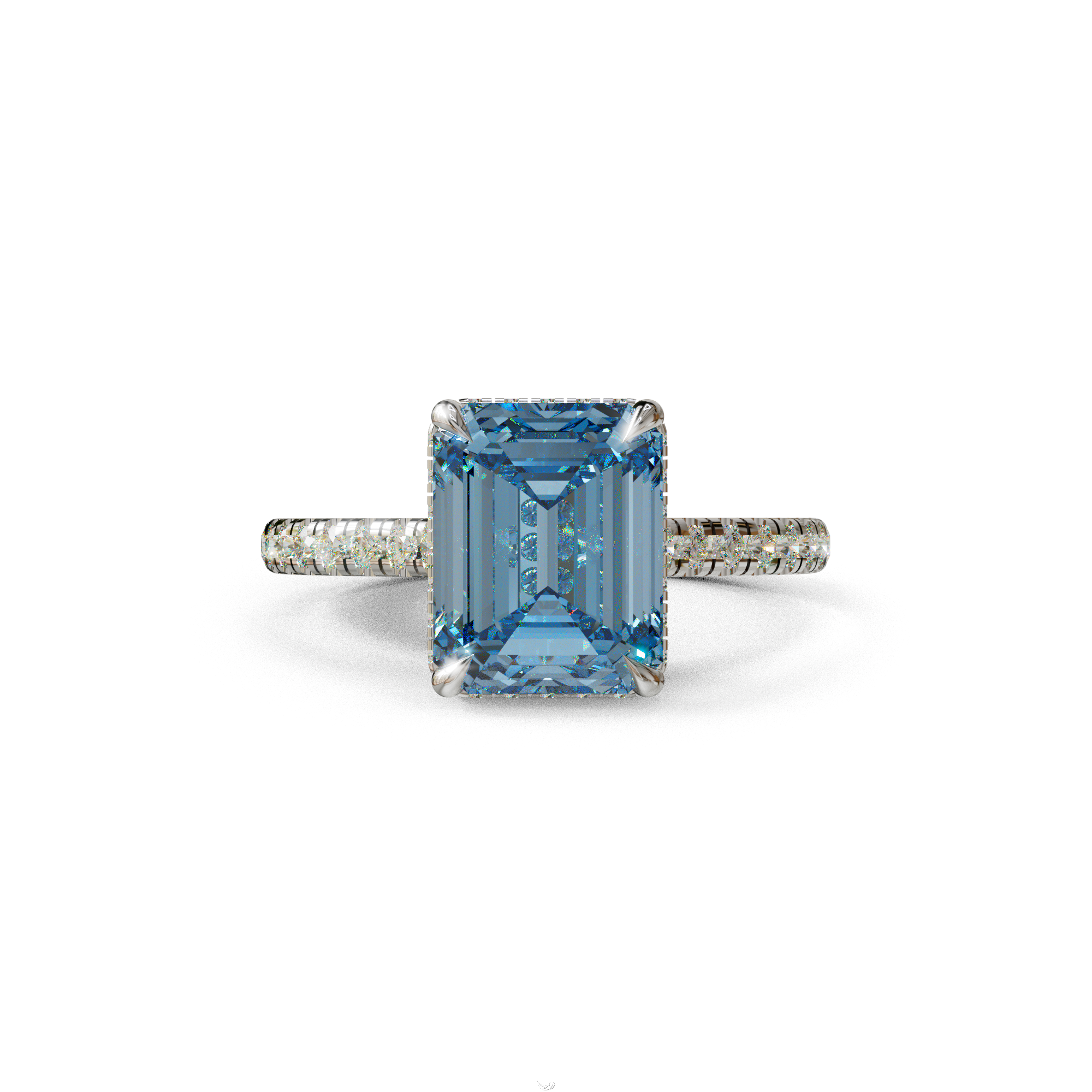 2.5 Ct Blue Emerald Cut Lab Diamond In Hidden Halo & Pave Setting Ring - Siena 10K Solid Gold / White Gold
