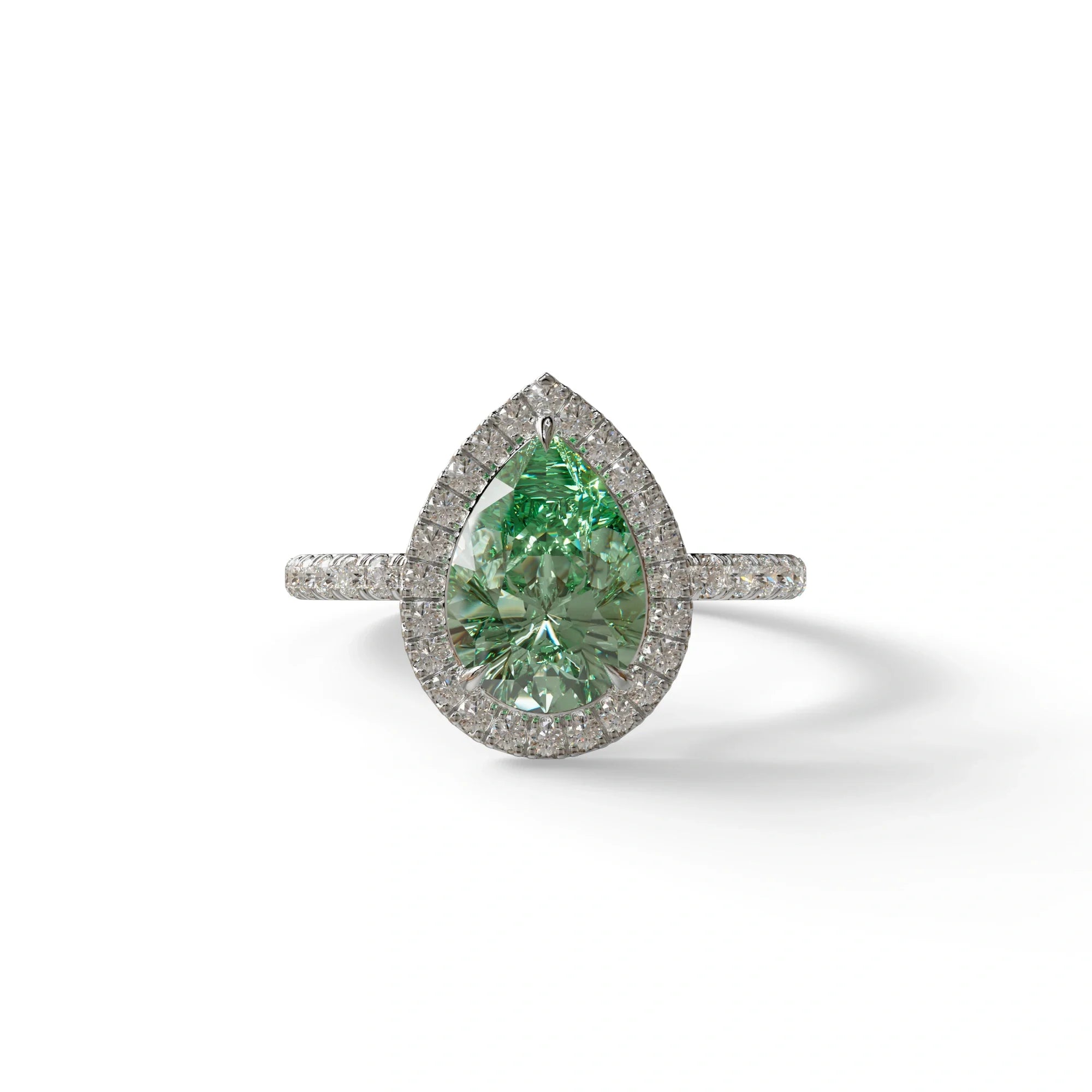 2 Carat Green Pear Cut Halo & Pave Lab Diamond Ring - Glam Deck - 10K Solid Gold / White Gold