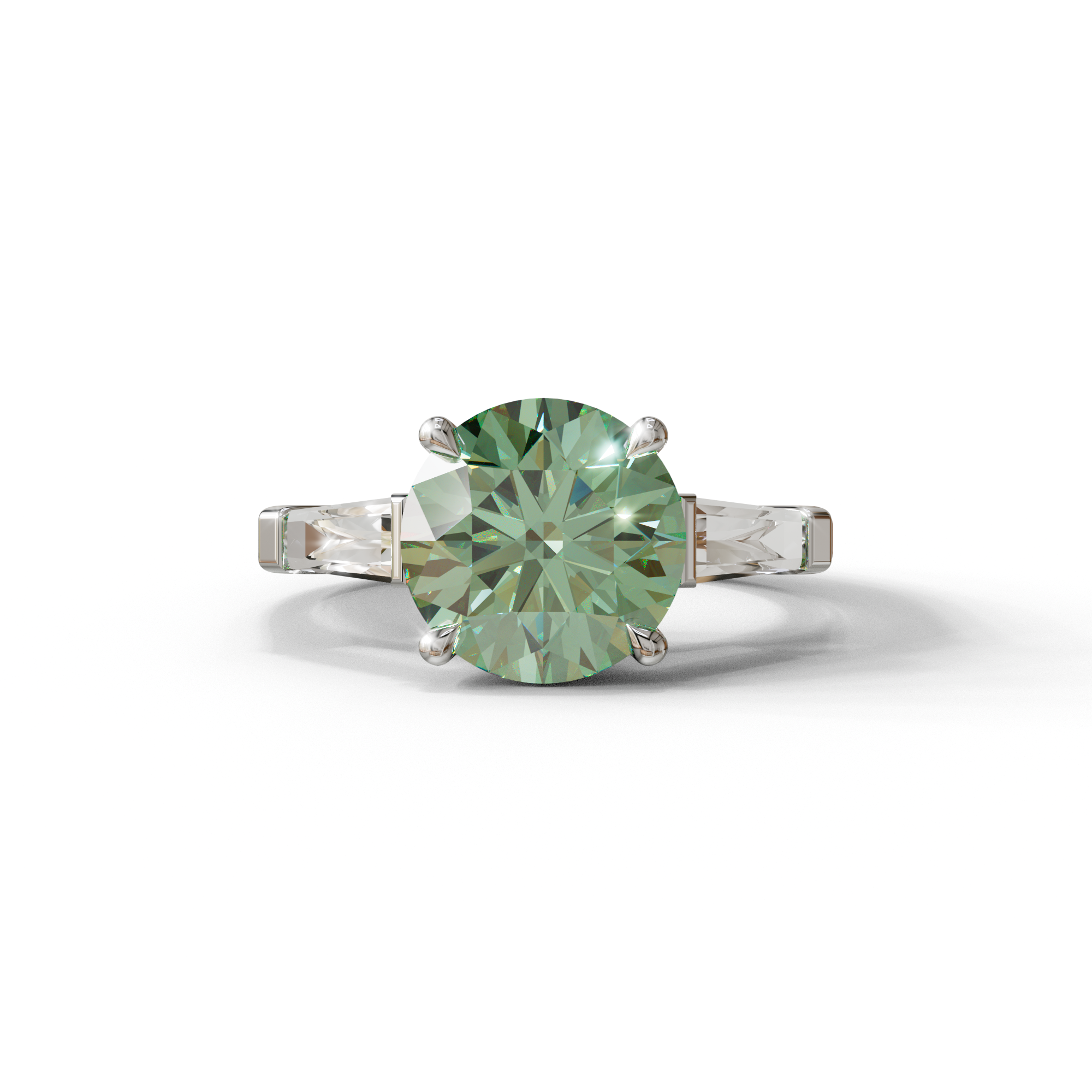 3 Carat Green Round & Tapered Cut Multi Stone Lab Diamond Ring - Reflection - 10K Solid Gold / White Gold