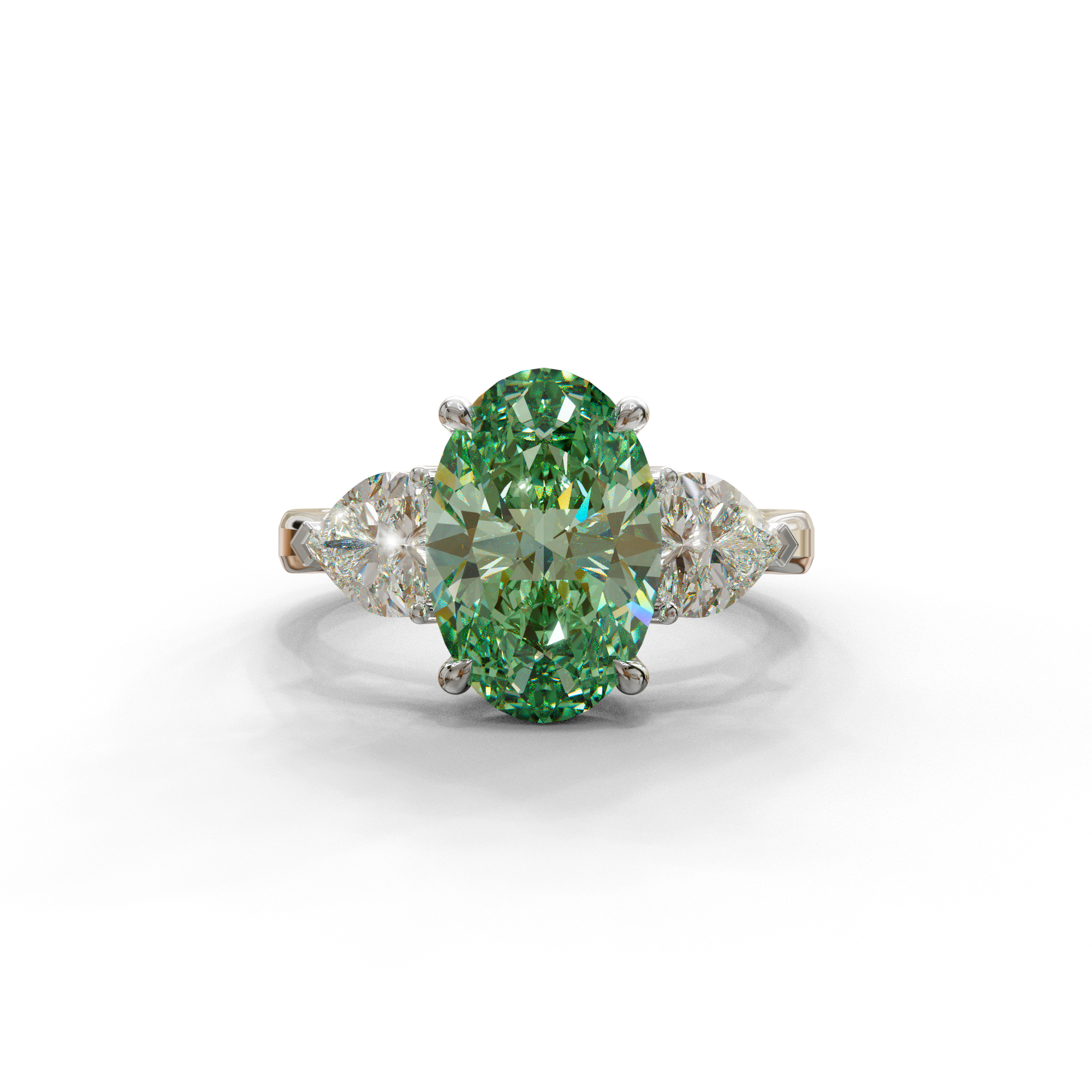 4 Ct Green Oval & Heart Shape 3 Stone Engagement Diamond Ring - Lucid - 10K Solid Gold / White Gold