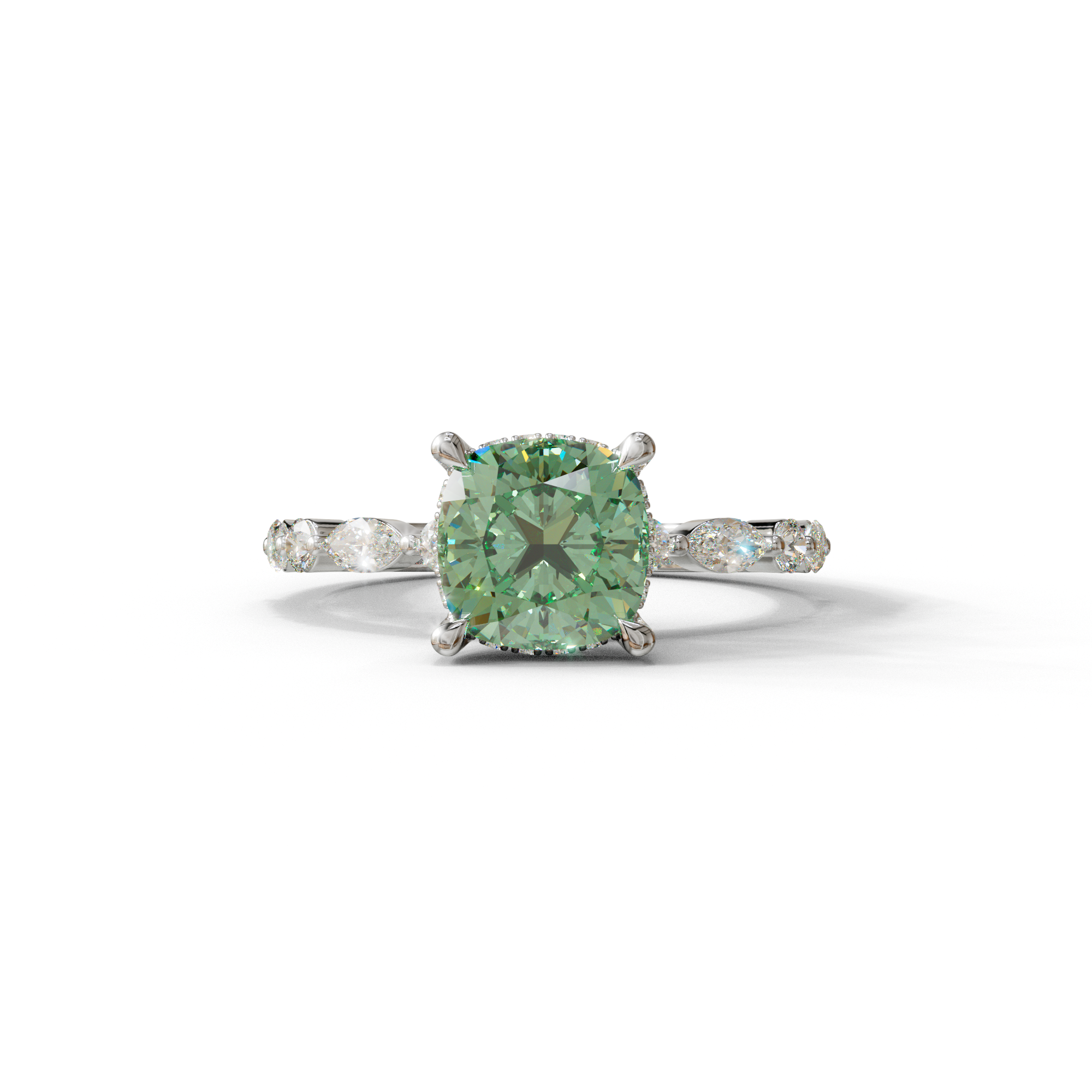 2 Carat Green Cushion Cut Hidden Halo & Pave Lab Diamond Ring - Daisy - 10K Solid Gold / White Gold
