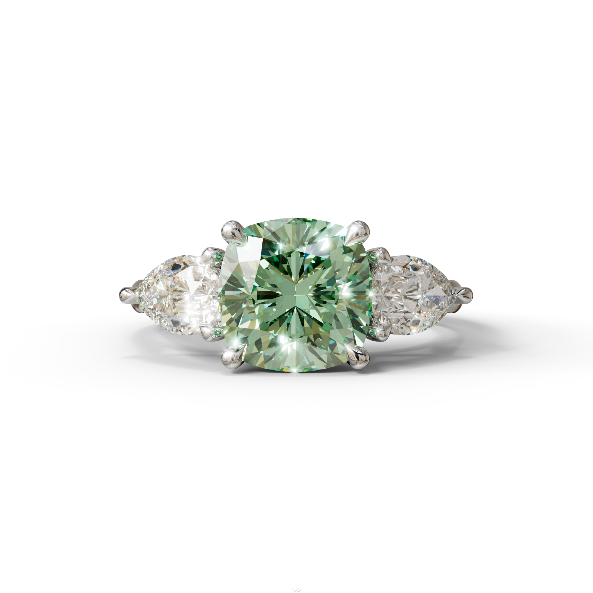 3 Ct Green Cushion Cut Lab Diamond In 3 Stones Claw Prongs Setting Ring - 10K Solid Gold / White Gold