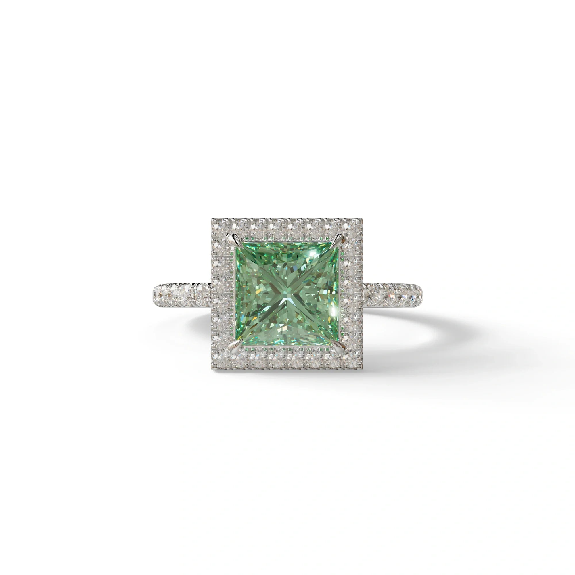2 Carat Green Princess Cut Halo & Pave Lab Diamond Ring - Diamond Prime - 10K Solid Gold / White Gold