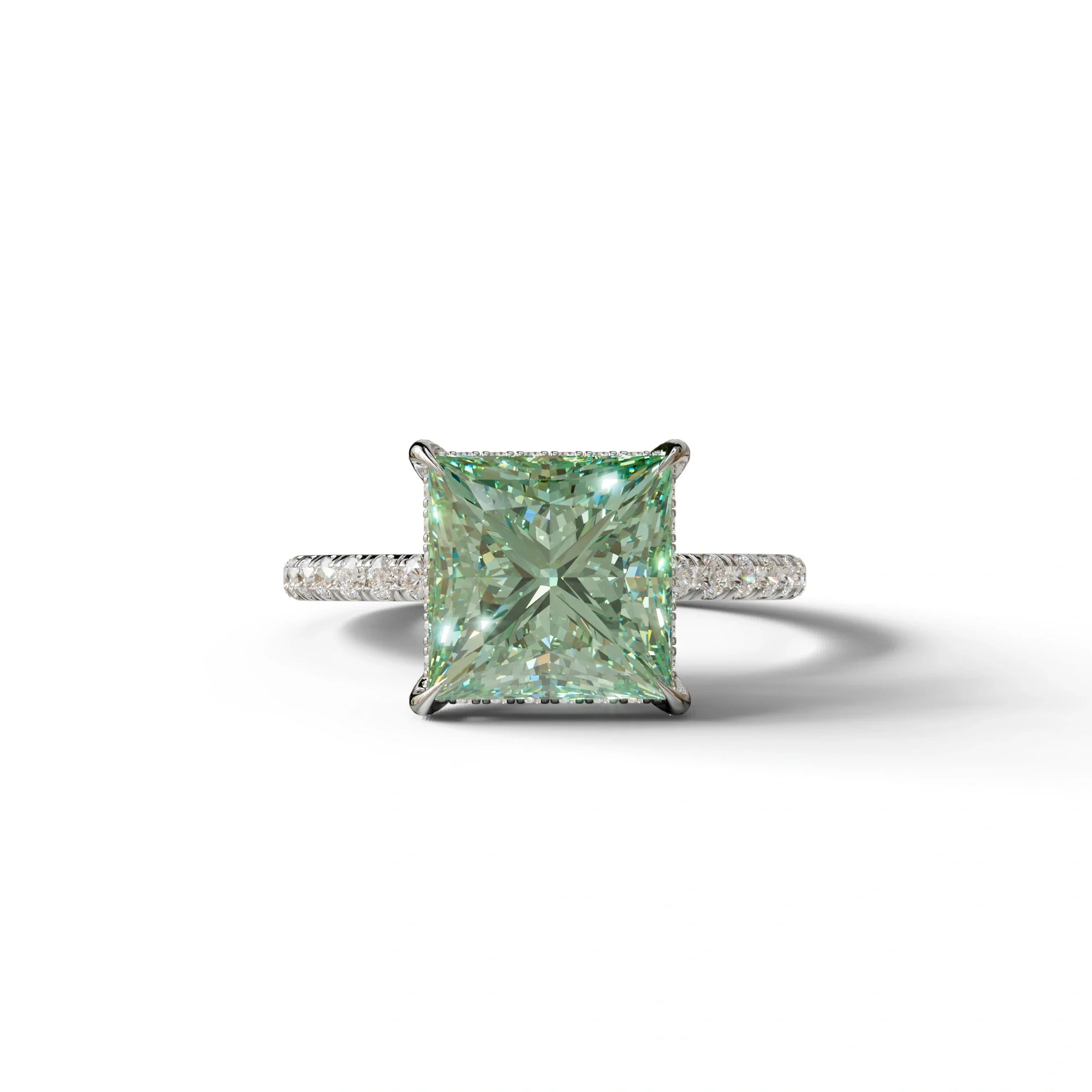 3 Carat Green Princess Cut Hidden Halo & Pave Lab Diamond Ring - 10K Solid Gold / White Gold