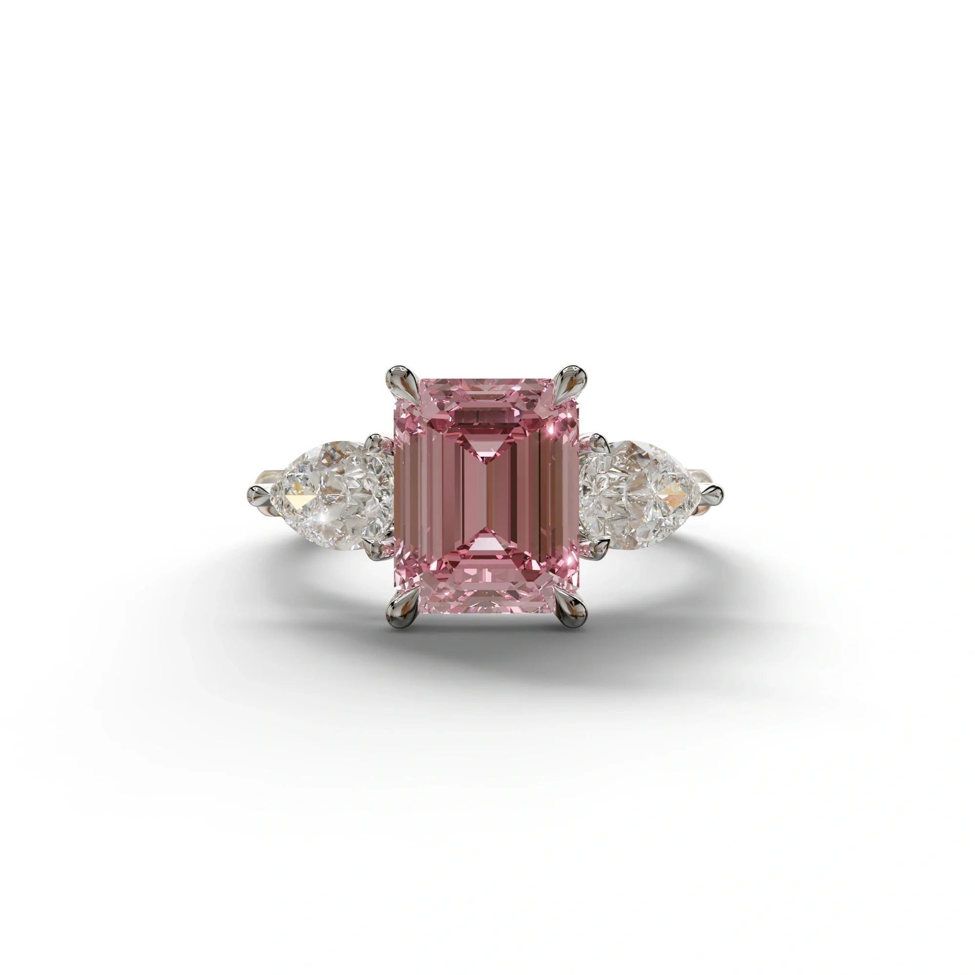 4 Carat Fancy Pink Emerald & Pear Cut Three Stone Lab Grown Diamond Engagement Ring - 10K Solid Gold / White Gold