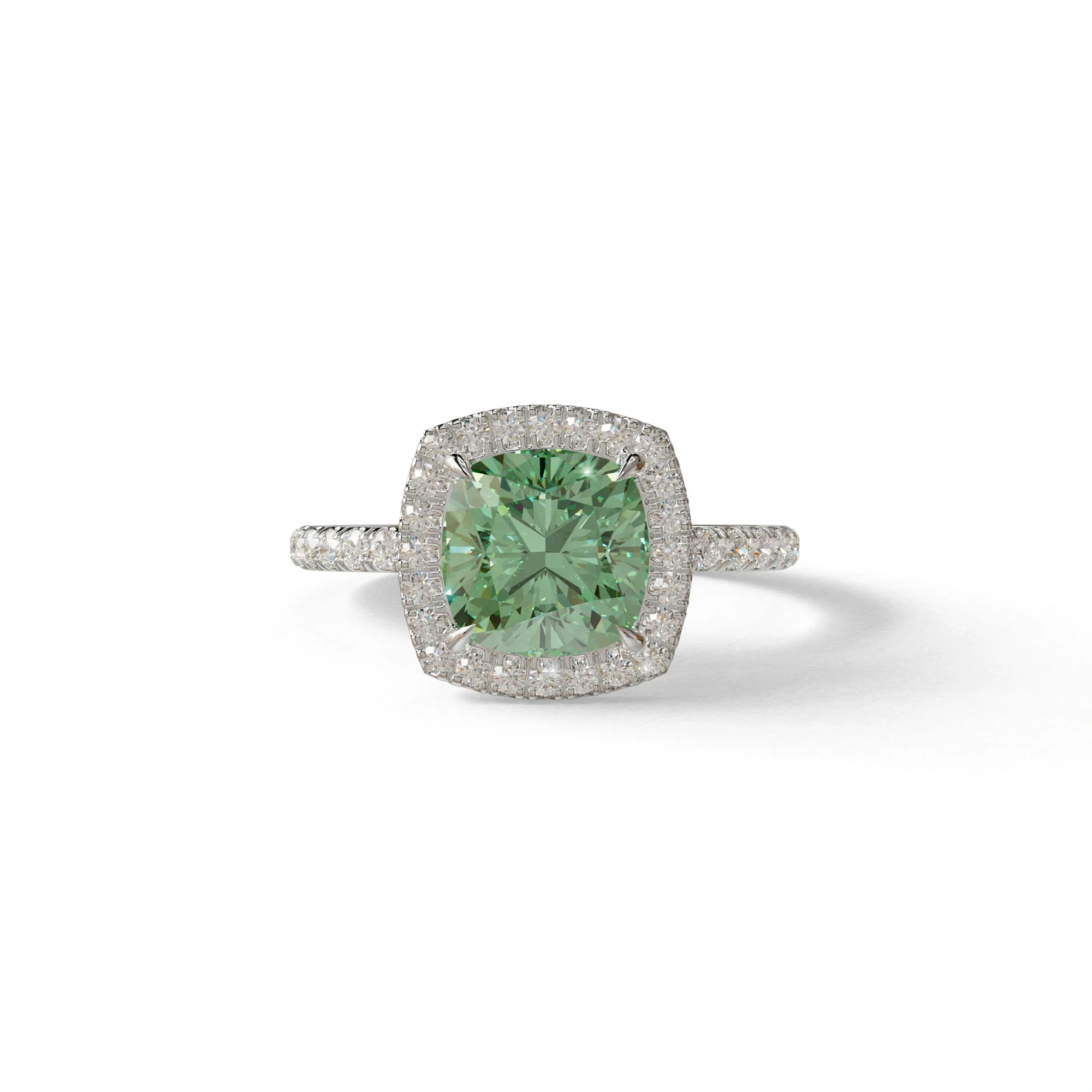 Green Cushion Cut Halo & Pave Lab Grown Diamond Engagement Ring - Rosa - 2 Carat / 10K Solid Gold / White Gold