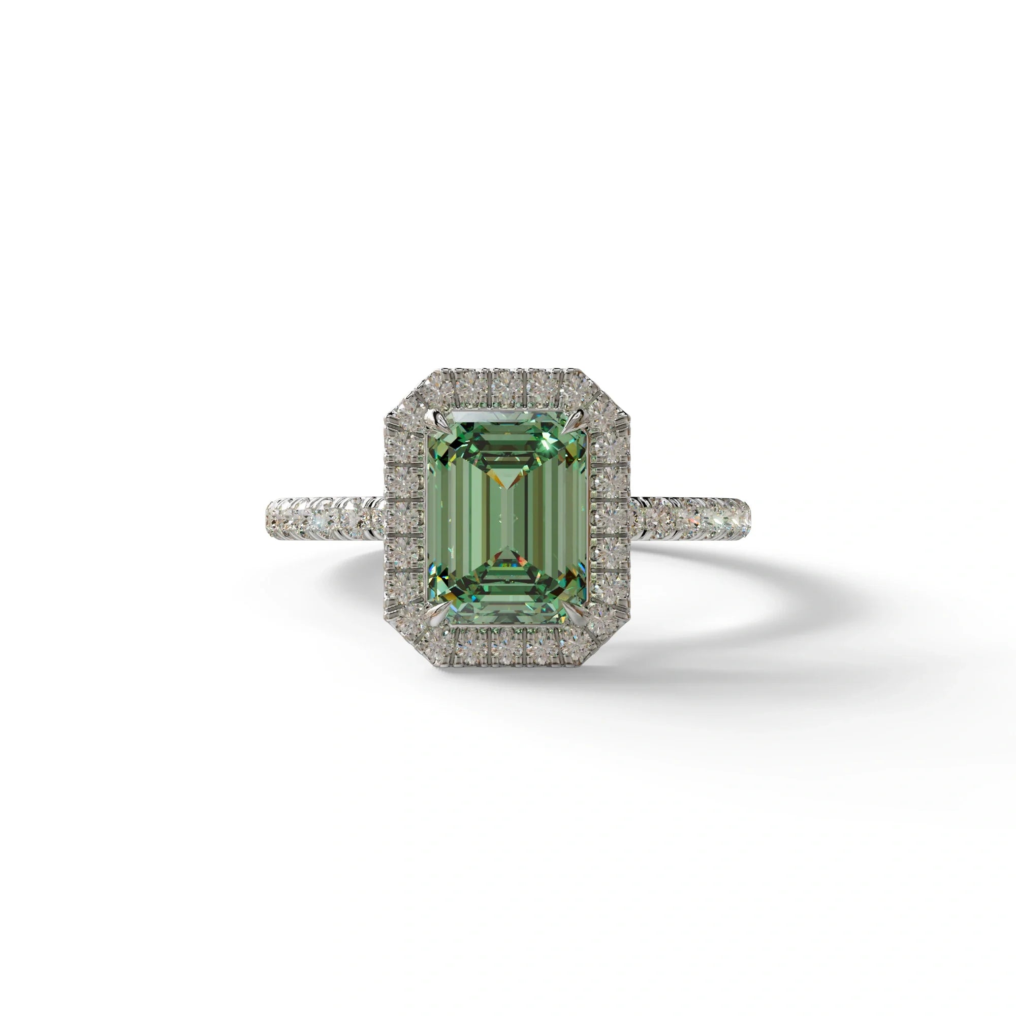 Green Emerald Cut Halo & Pave Lab Grown Diamond Engagement Ring - Viola - 2 Carat / 10K Solid Gold / White Gold