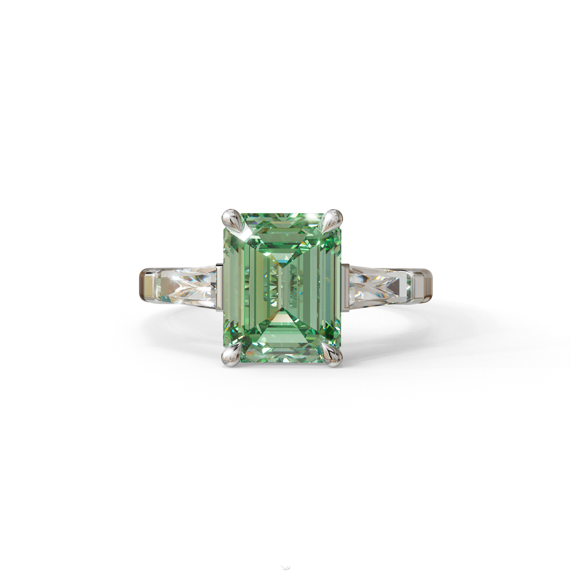 3 Carat Fancy Vivid Green Emerald & Tapered Baguette diamond ring - 10K Solid Gold / White Gold