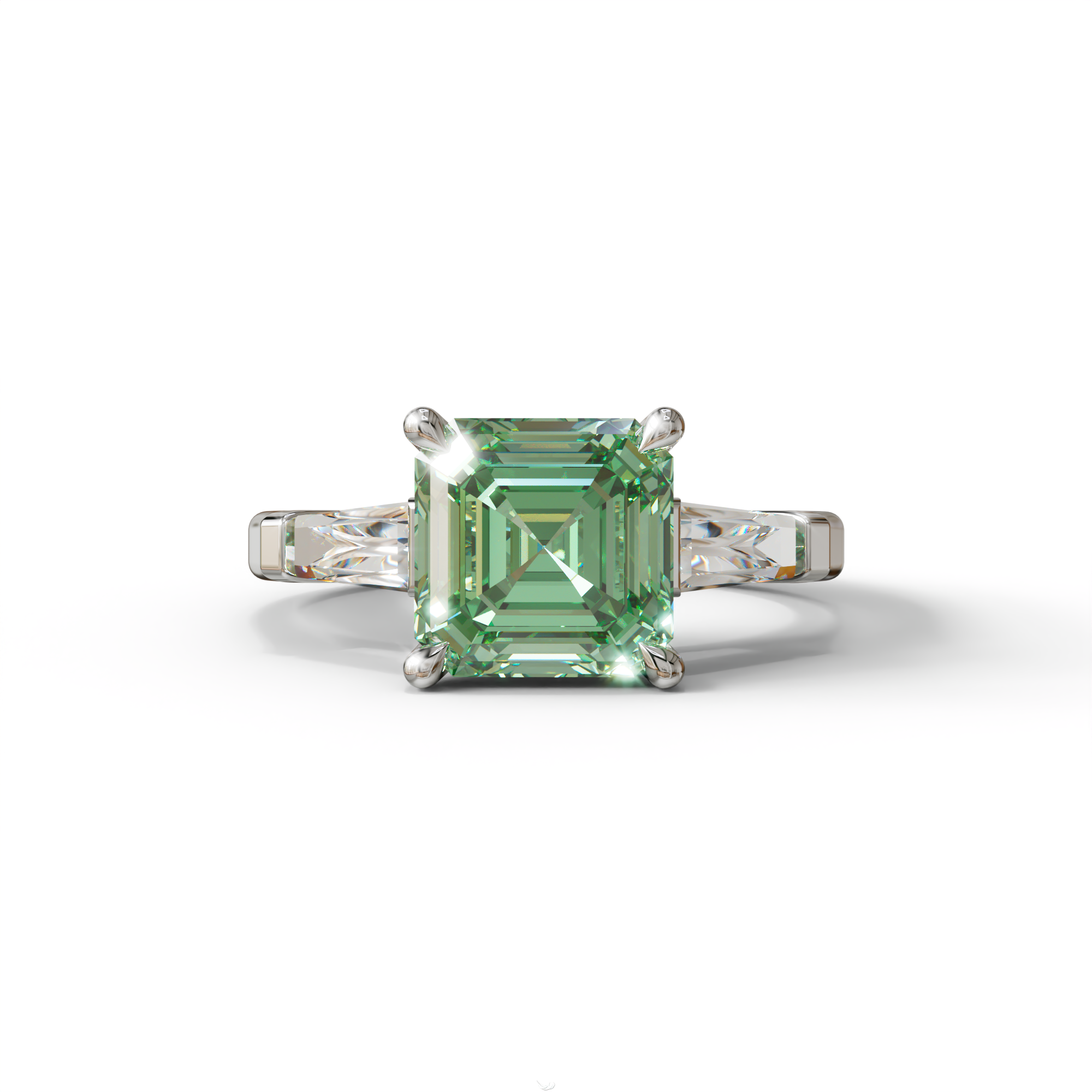 3 Carat Green Asscher & Baguette Cut Multi Stone Lab Diamond Ring - Brillante - 10K Solid Gold / White Gold
