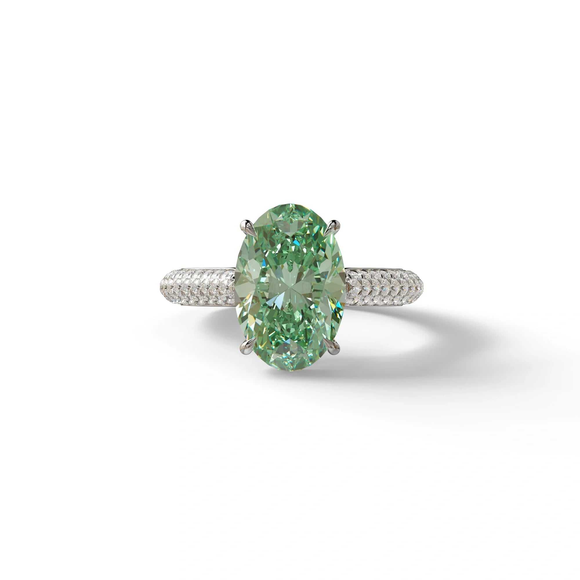 3 Carat Green Oval Cut Hidden Halo & Pave Set Lab Diamond Engagement Ring - Viviana - 10K Solid Gold / White Gold