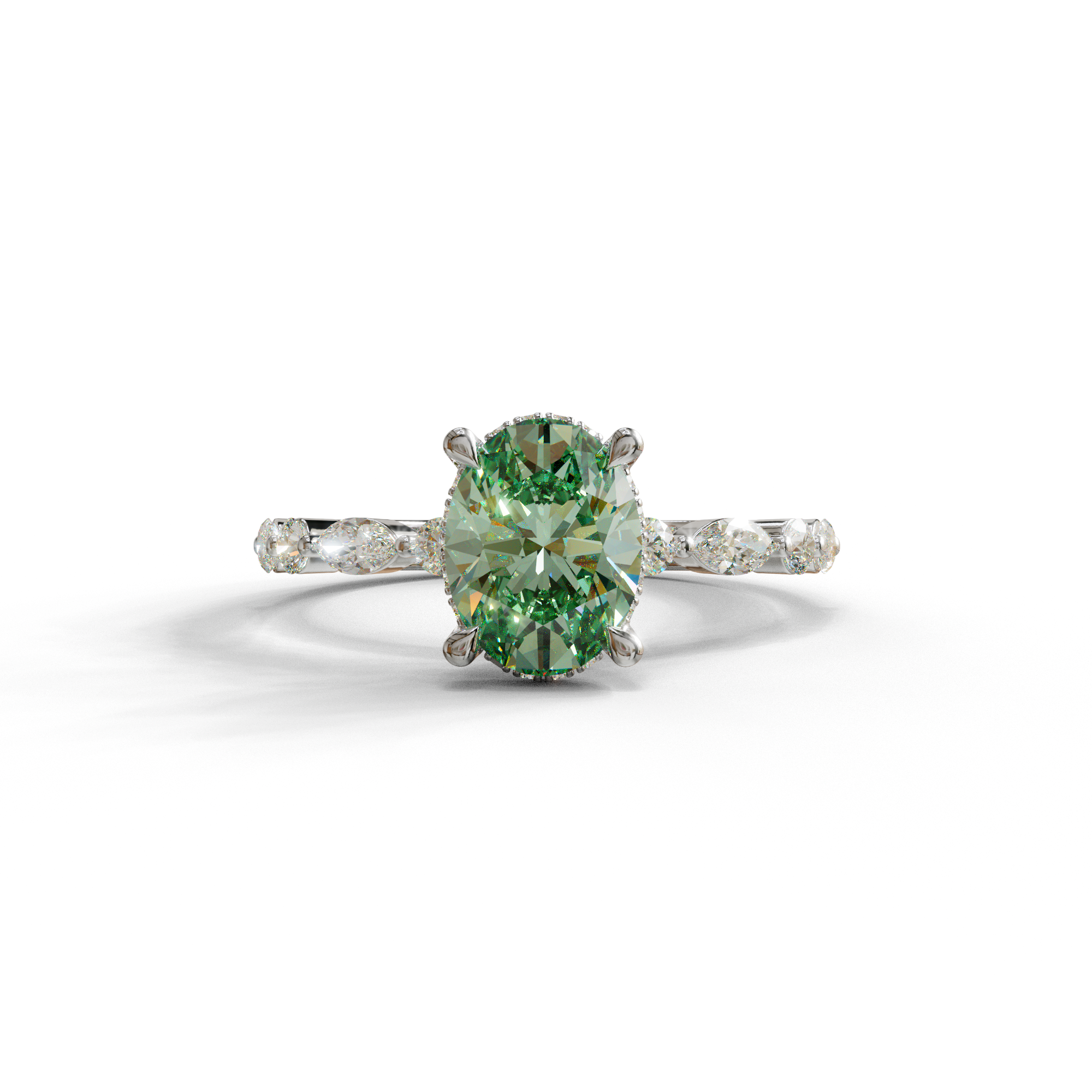 2 Carat Green Oval Cut Hidden Halo & Pave Lab Diamond Ring - Laina - 10K Solid Gold / White Gold