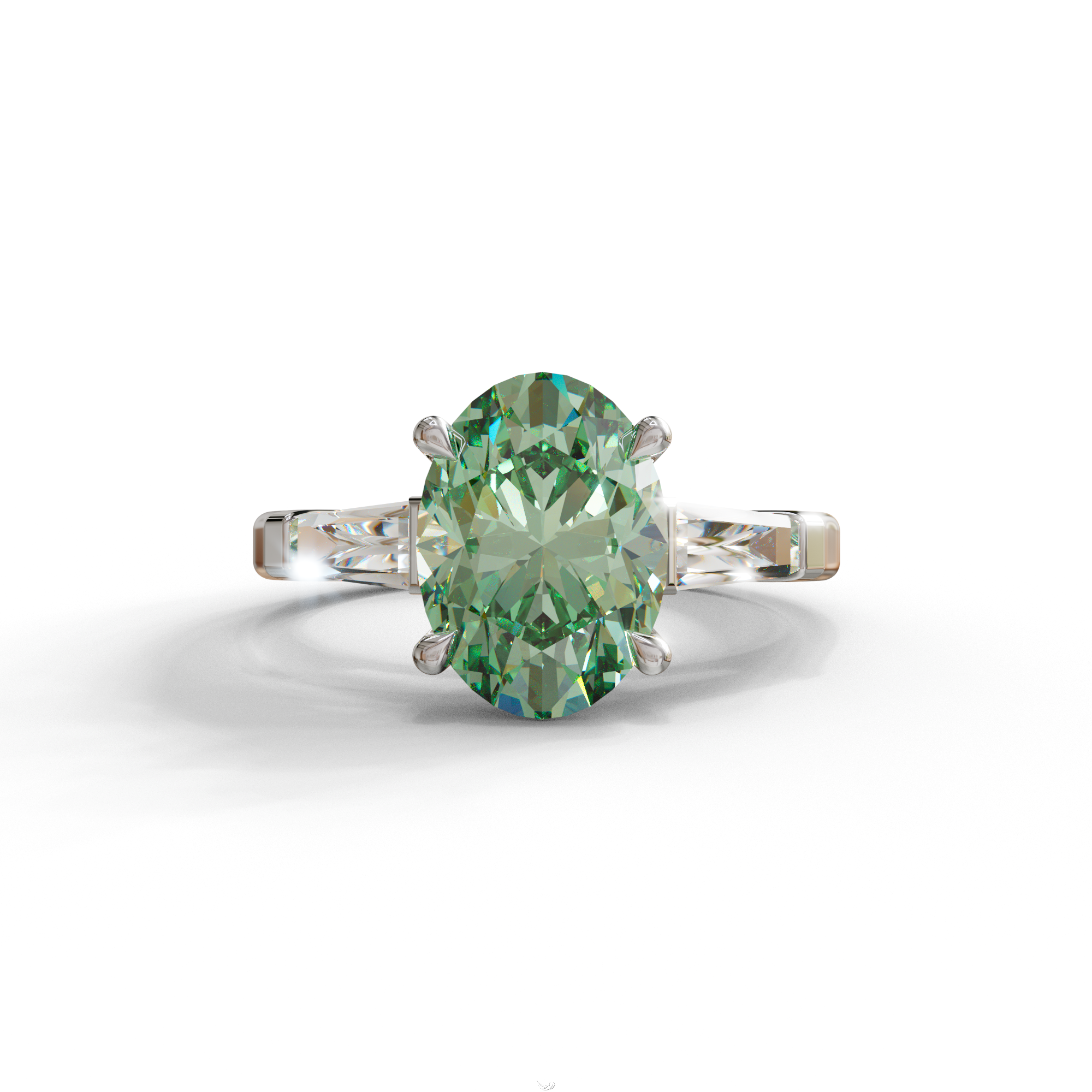 3 Carat Green Oval & Tapered Baguette Lab Grown Diamond Three Stone Engagement Ring - 10K Solid Gold / White Gold