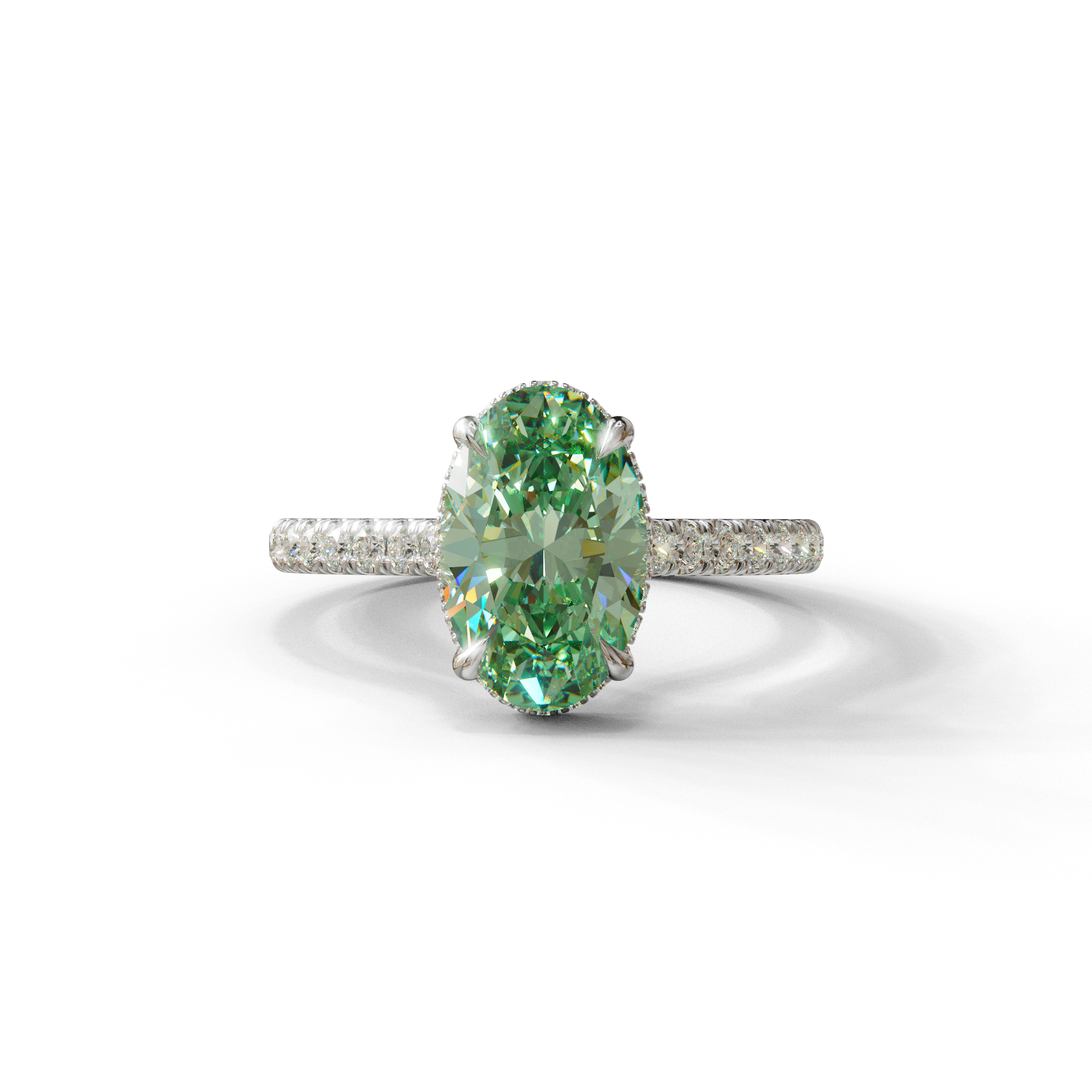 2.5 Carat Green Oval Hidden Halo & Pave Setting Lab Diamond Ring - Eblouissant - 10K Solid Gold / White Gold