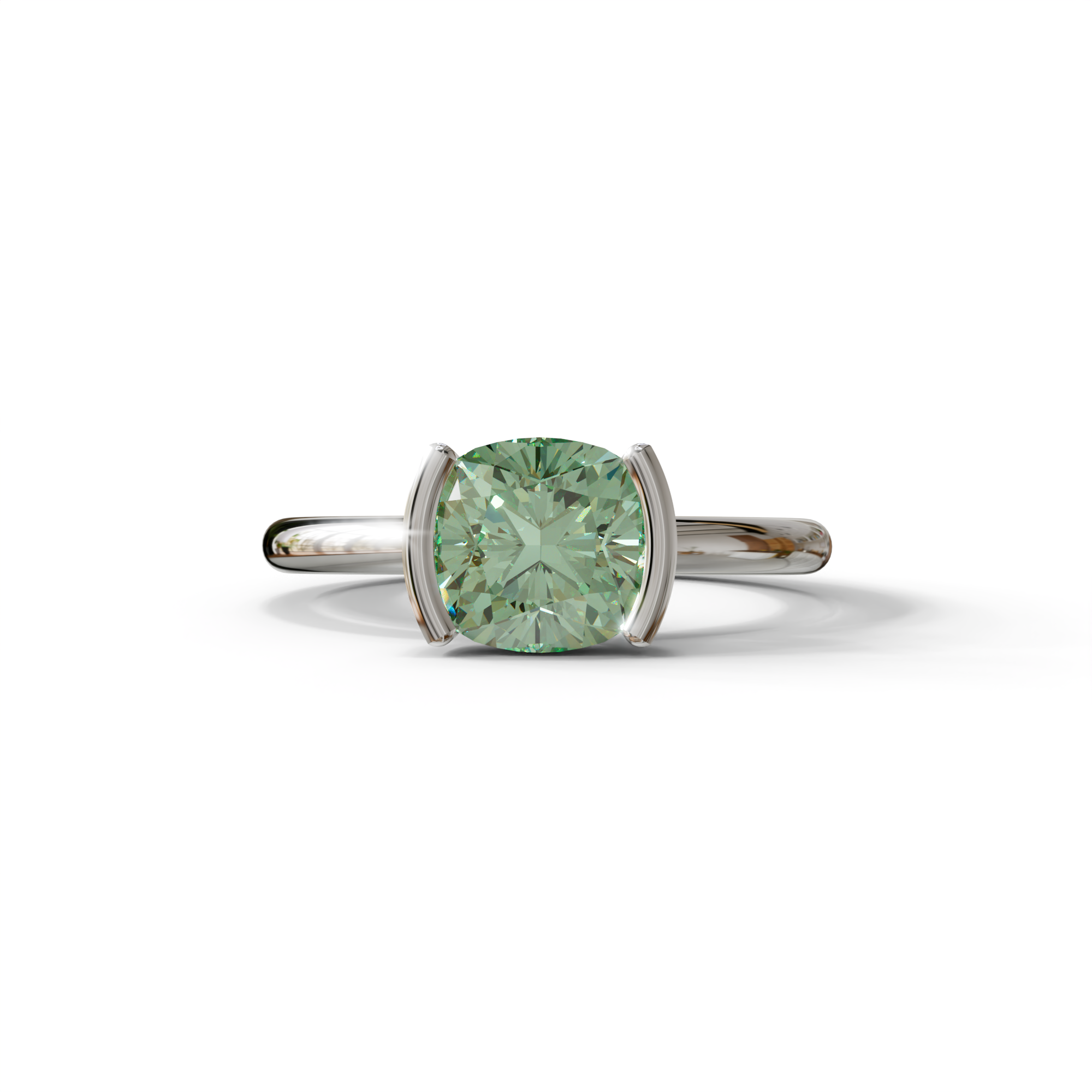 2 Carat Green Cushion Diamond Ring - Half Bezel Set Ring - Remi - 10K Solid Gold / White Gold