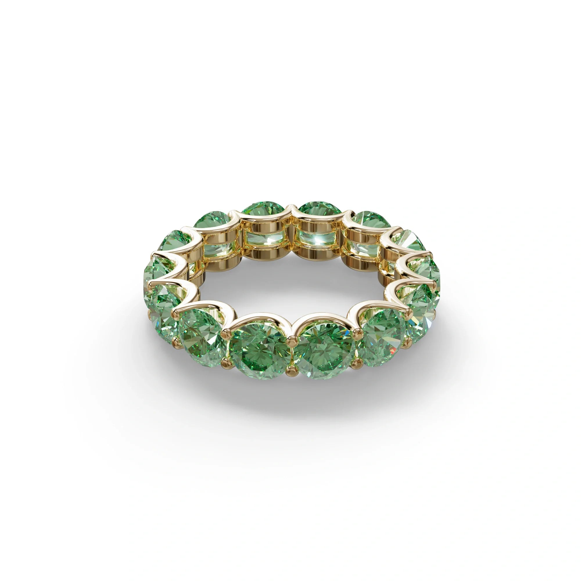 Green Round Brilliant Diamond Full Eternity Band in 18k Yellow Gold – Scalloped U-Prong Setting