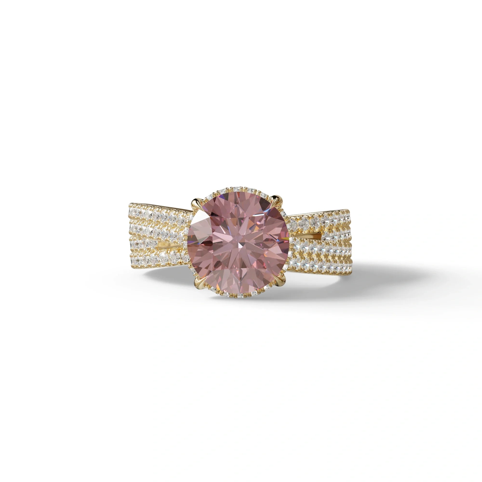 2 Carat Pink Round Cut Hidden Halo Lab & Pave Lab Diamond Ring - Je t’aime - 10K Solid Gold / Yellow Gold