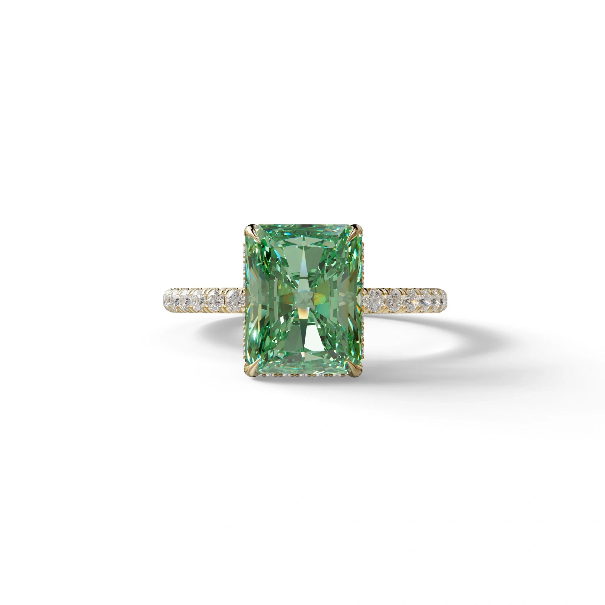 3 Carat Radiant Cut Green Color Lab Diamond Ring -Monica - 10K Solid Gold / Yellow Gold