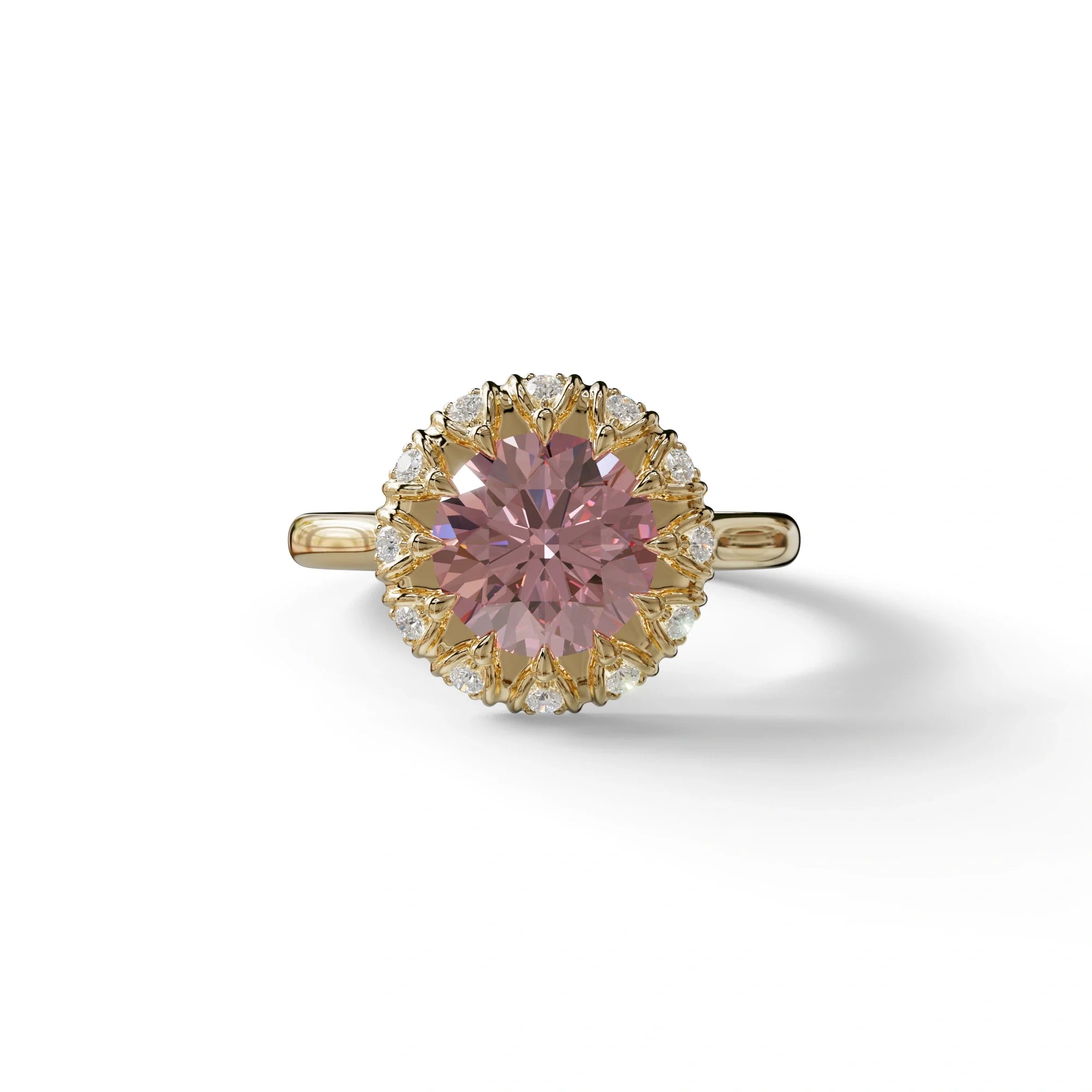 3 Carat Pink Round Shaped Halo Lab Diamond Ring - Sunflower - 10K Solid Gold / Yellow Gold